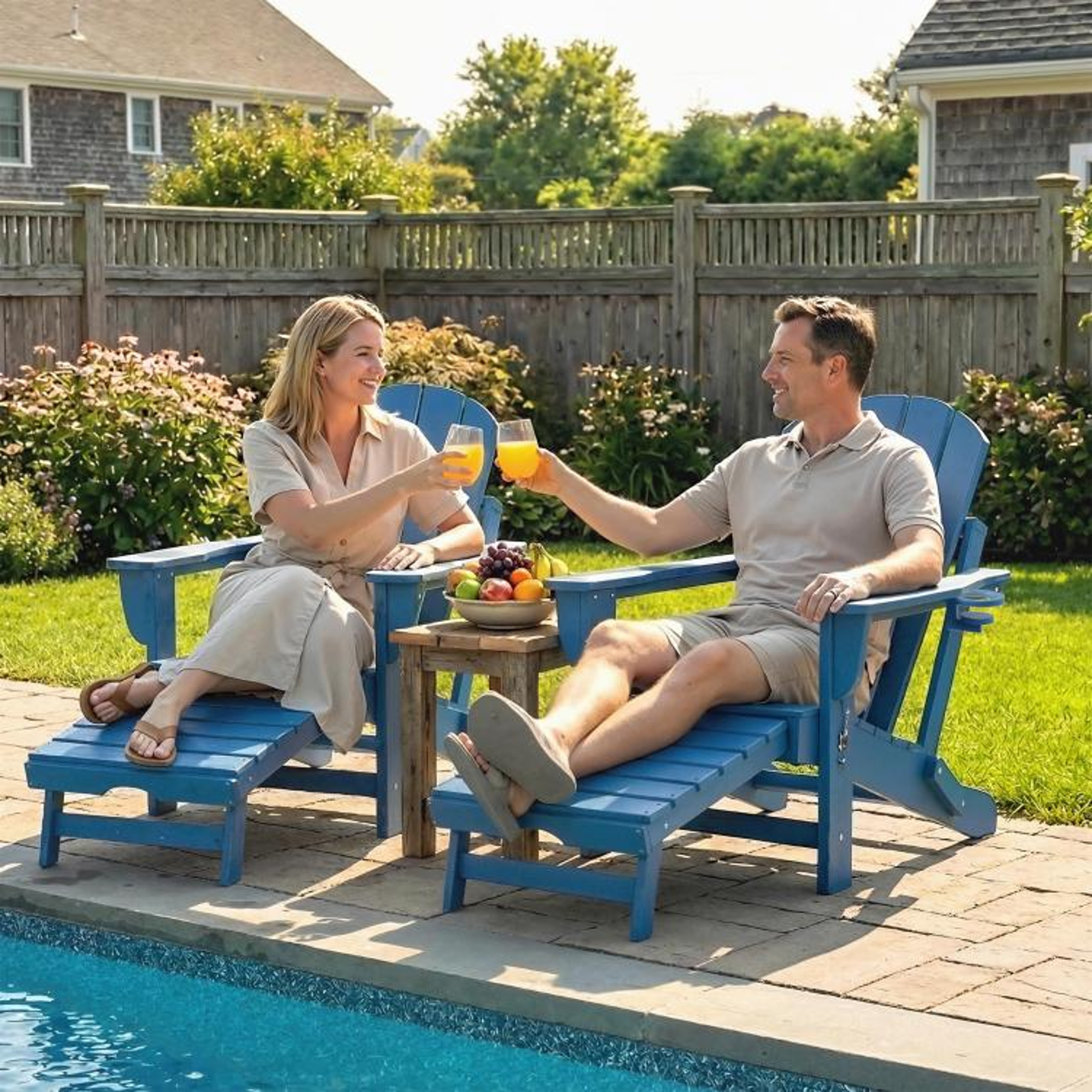 Folding Adirondack Chairs Set Of 2 With Retractable Footrests And Cup Holders  Blue 3