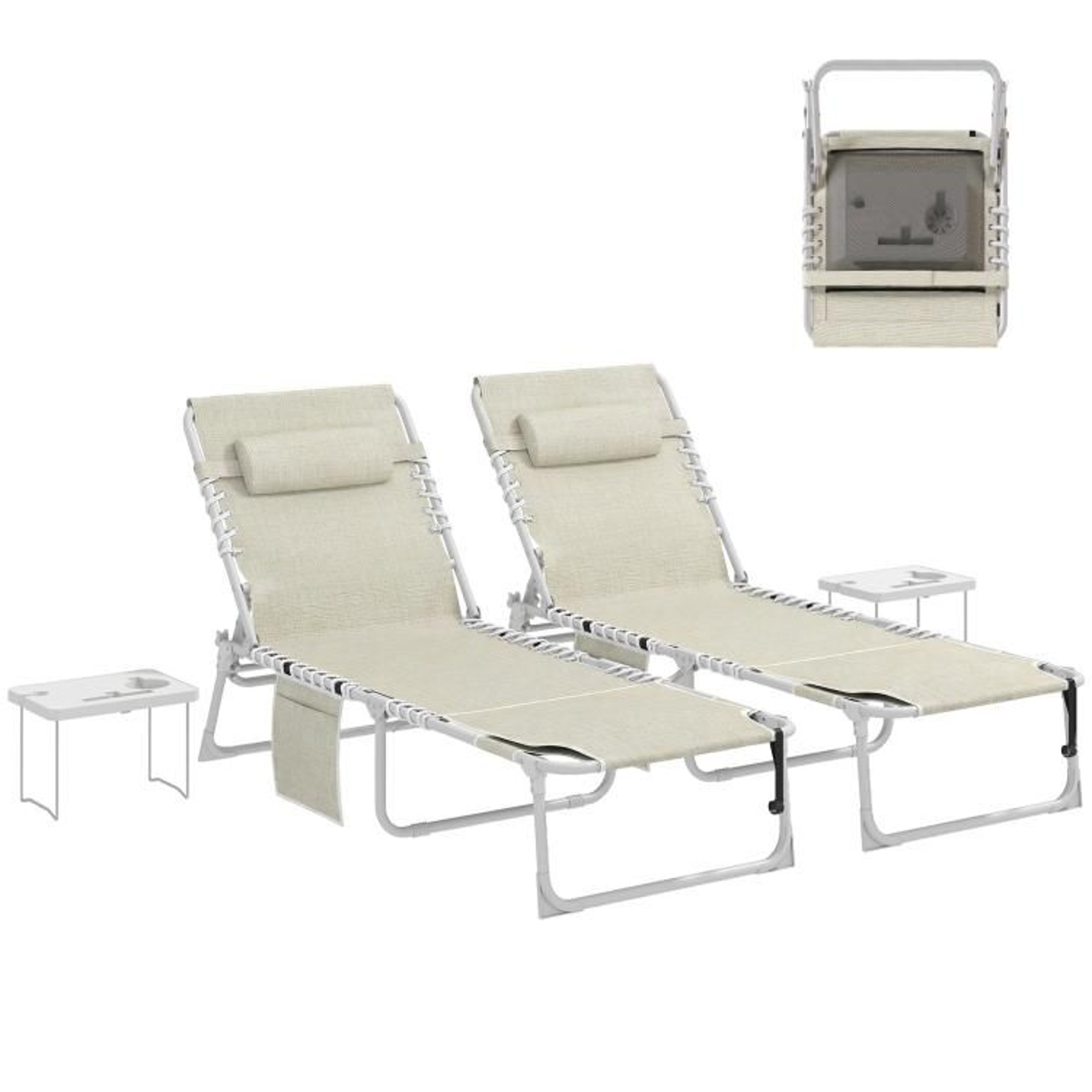 Set Of 2 Folding Tanning Lounge Chairs With Face Holes And Side Tables  Beige 0