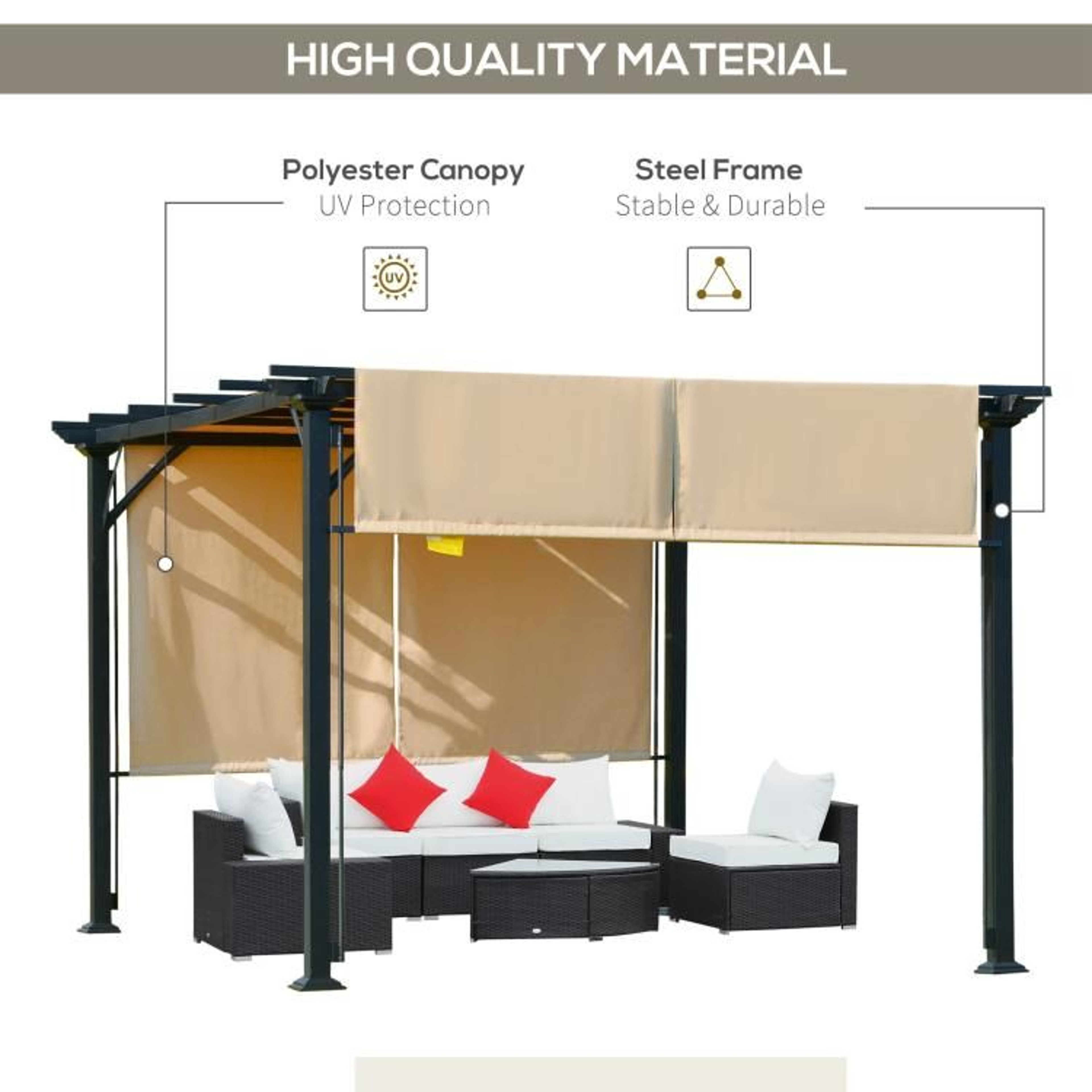 12 X 10 Ft Outdoor Retractable Pergola Canopy With Steel Frame  Beige 6