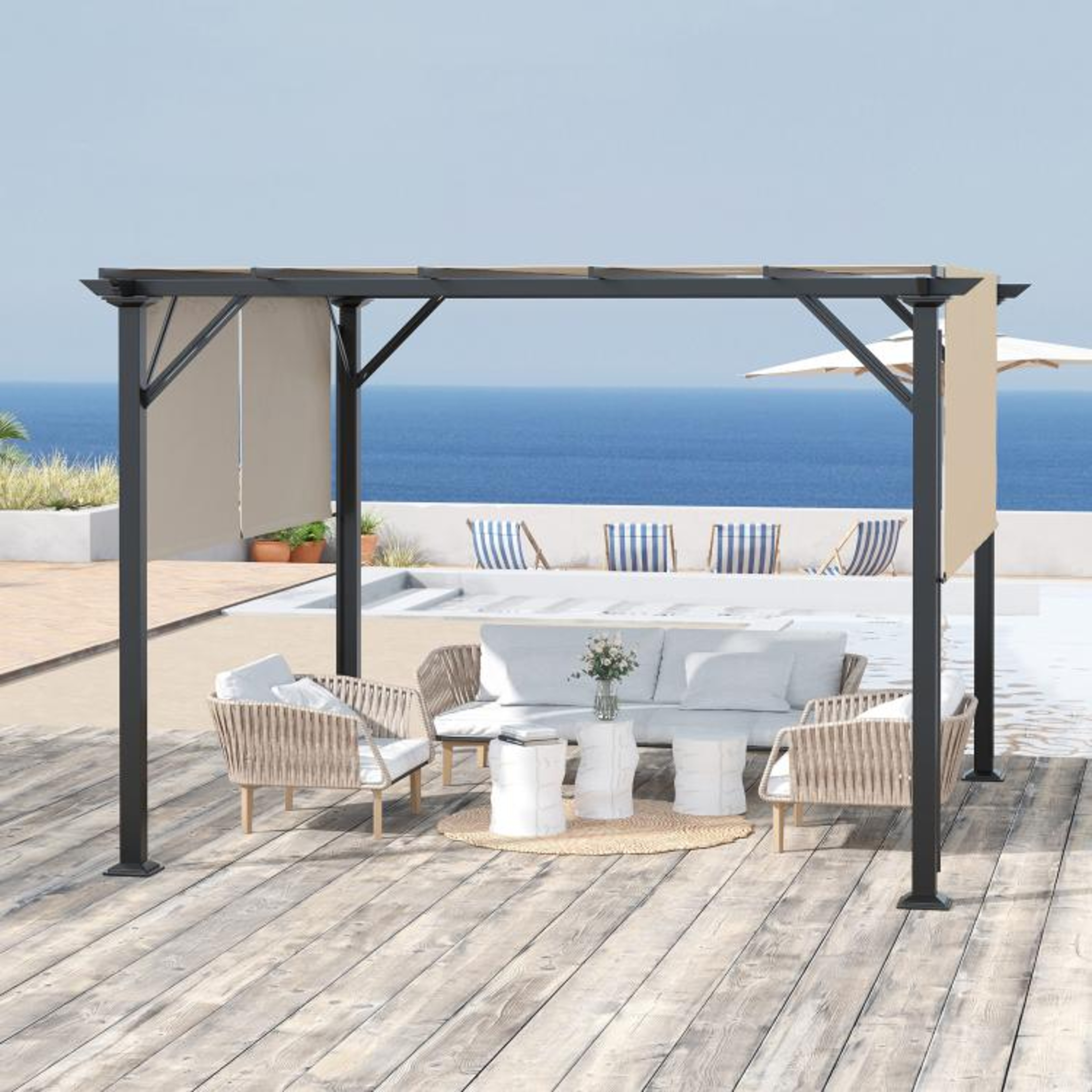 12 X 10 Ft Outdoor Retractable Pergola Canopy With Steel Frame  Beige 3