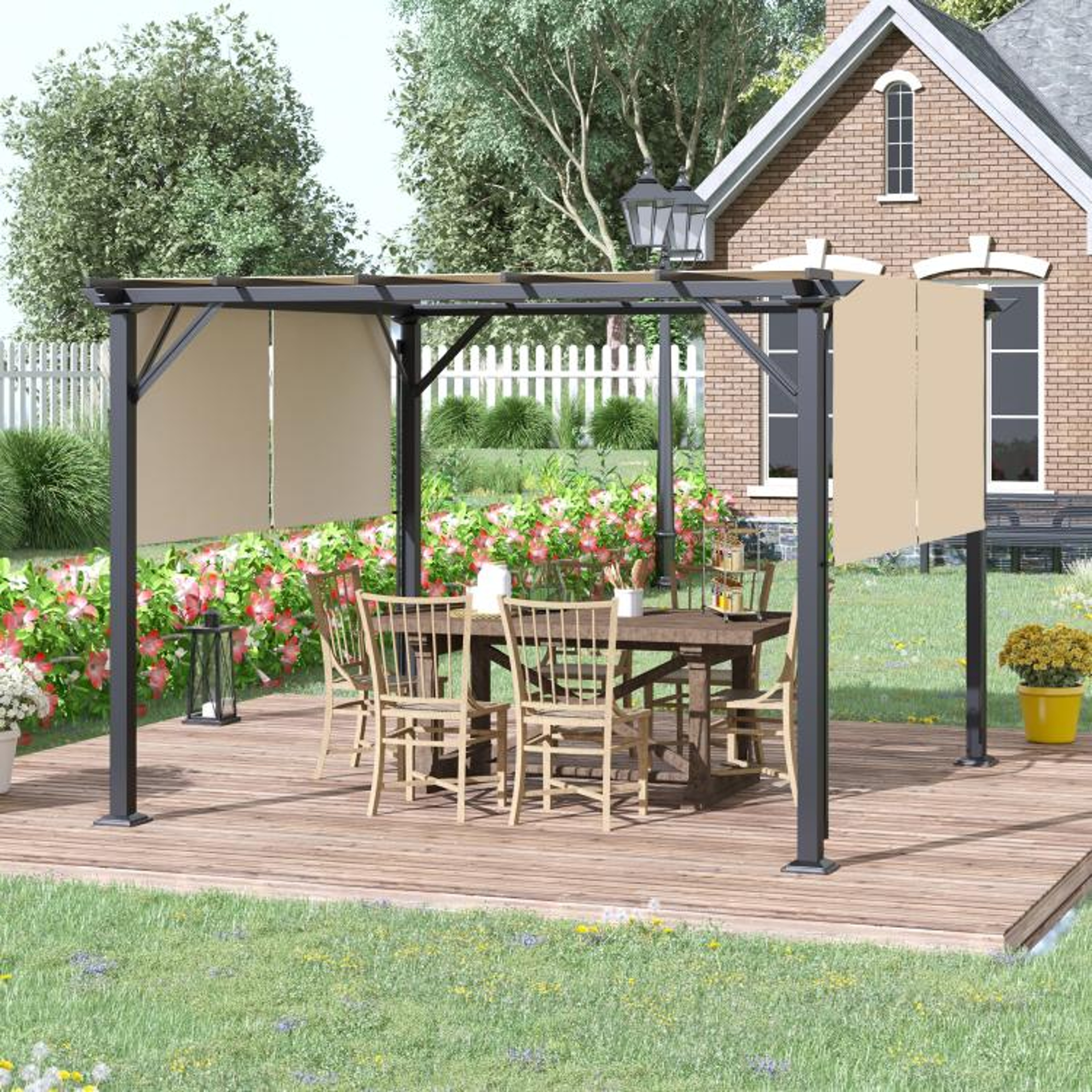 12 X 10 Ft Outdoor Retractable Pergola Canopy With Steel Frame  Beige 2