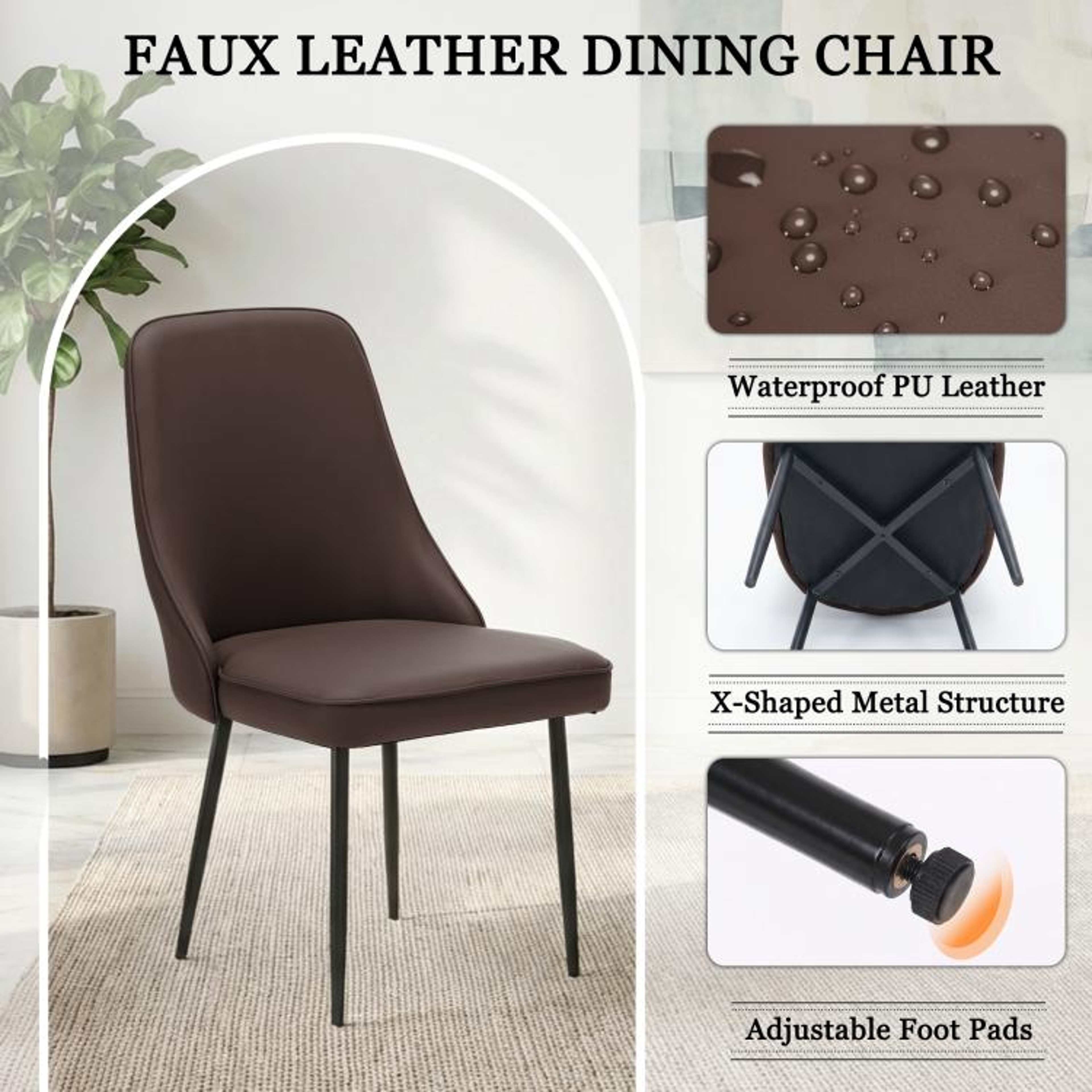 Modern Dining Chairs Set Of 2  Brown Faux Leather Upholstered High Back Chairs 5