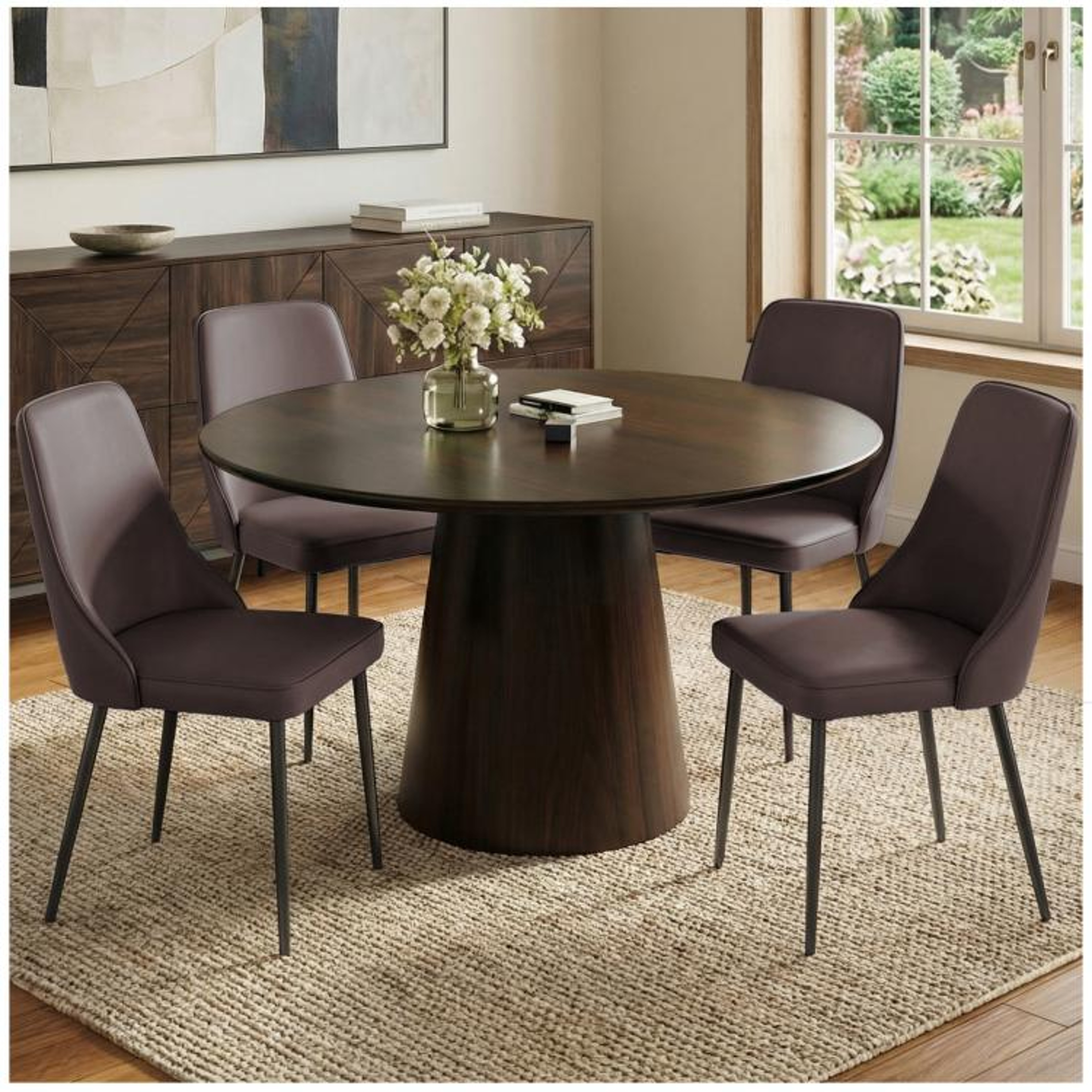 Modern Dining Chairs Set Of 2  Brown Faux Leather Upholstered High Back Chairs 1