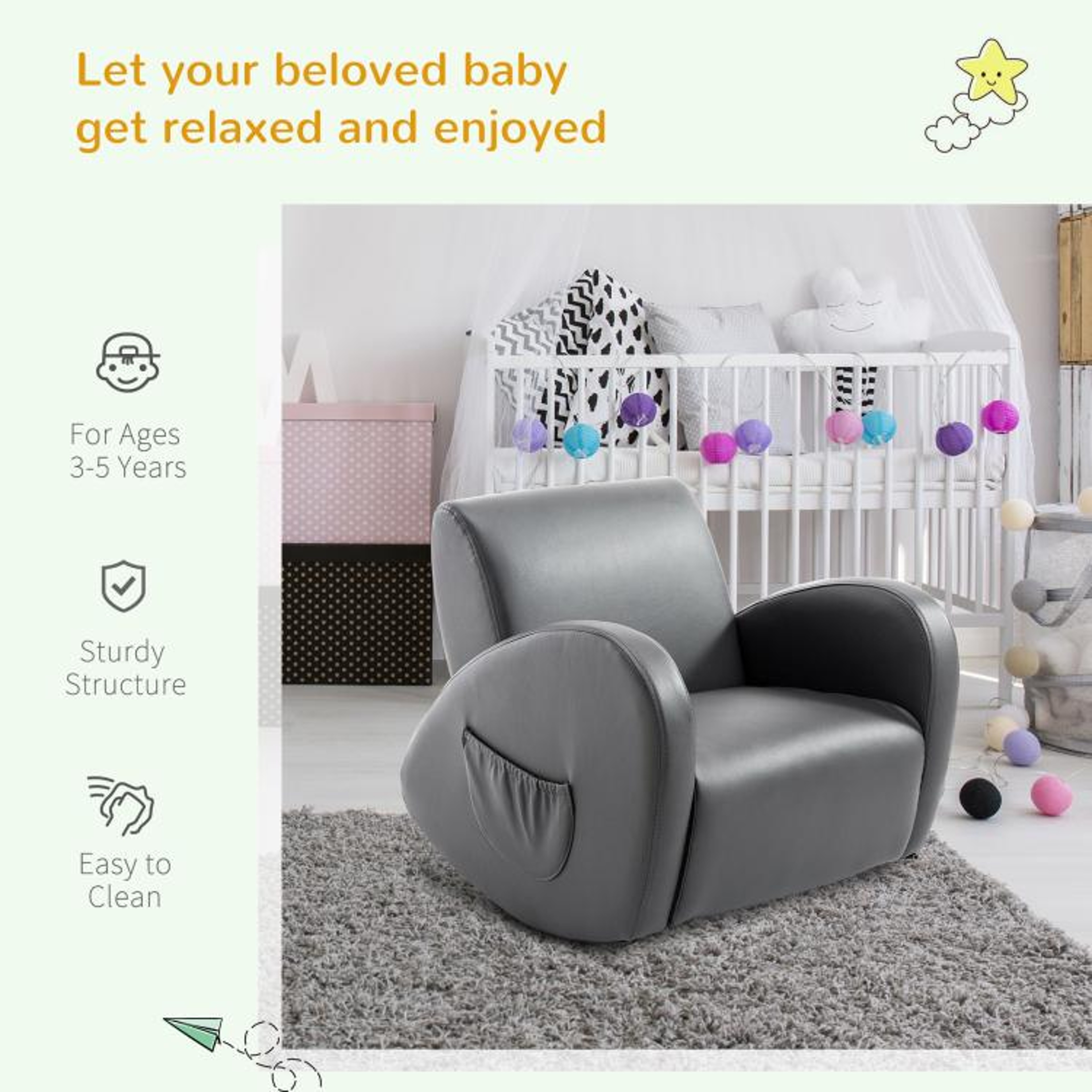 Kids Rocking Chair With PU Leather Upholstery And Side Pockets  Gray 5