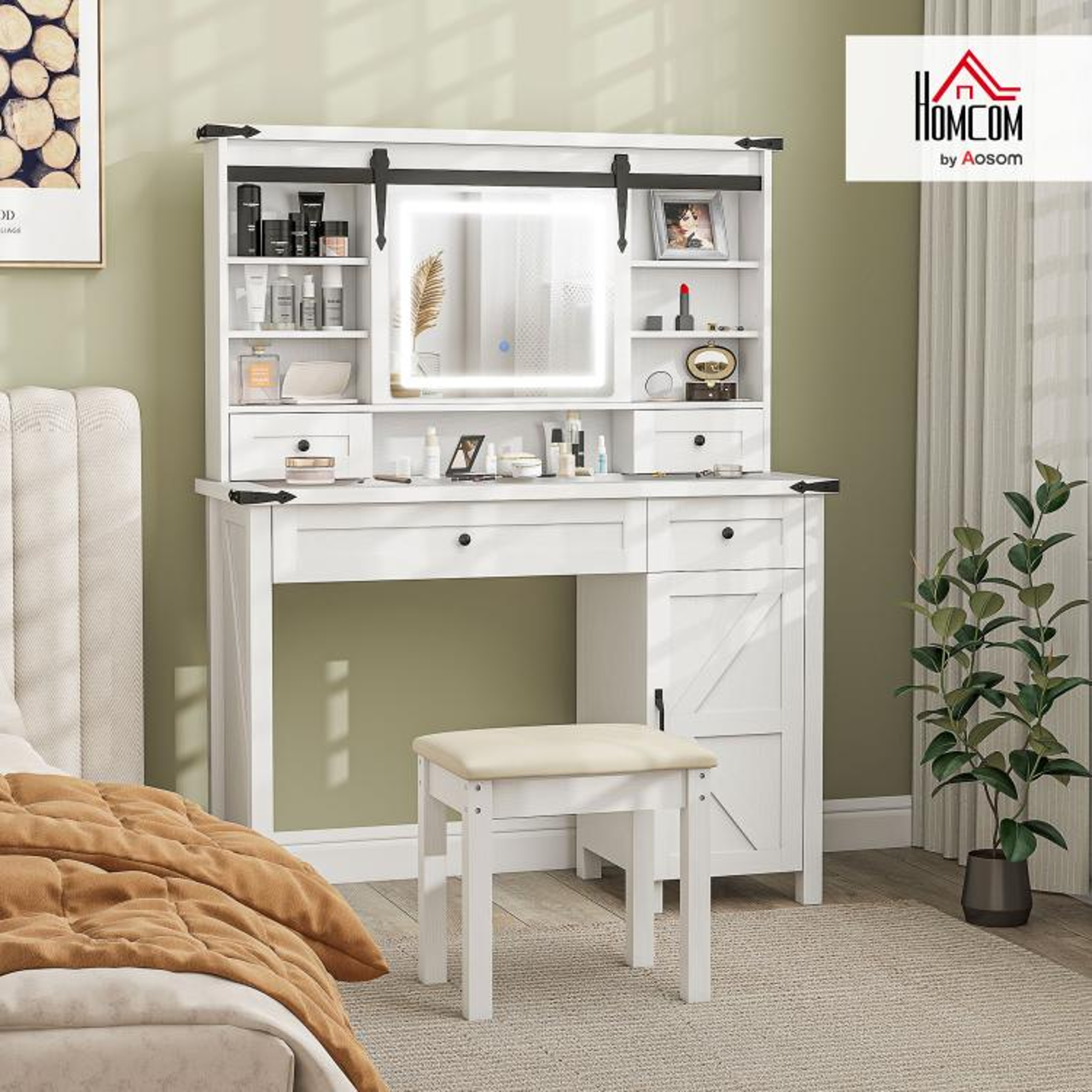 Makeup Vanity Desk Set With LED Mirror And Cushioned Stool White Farmhouse Style 3