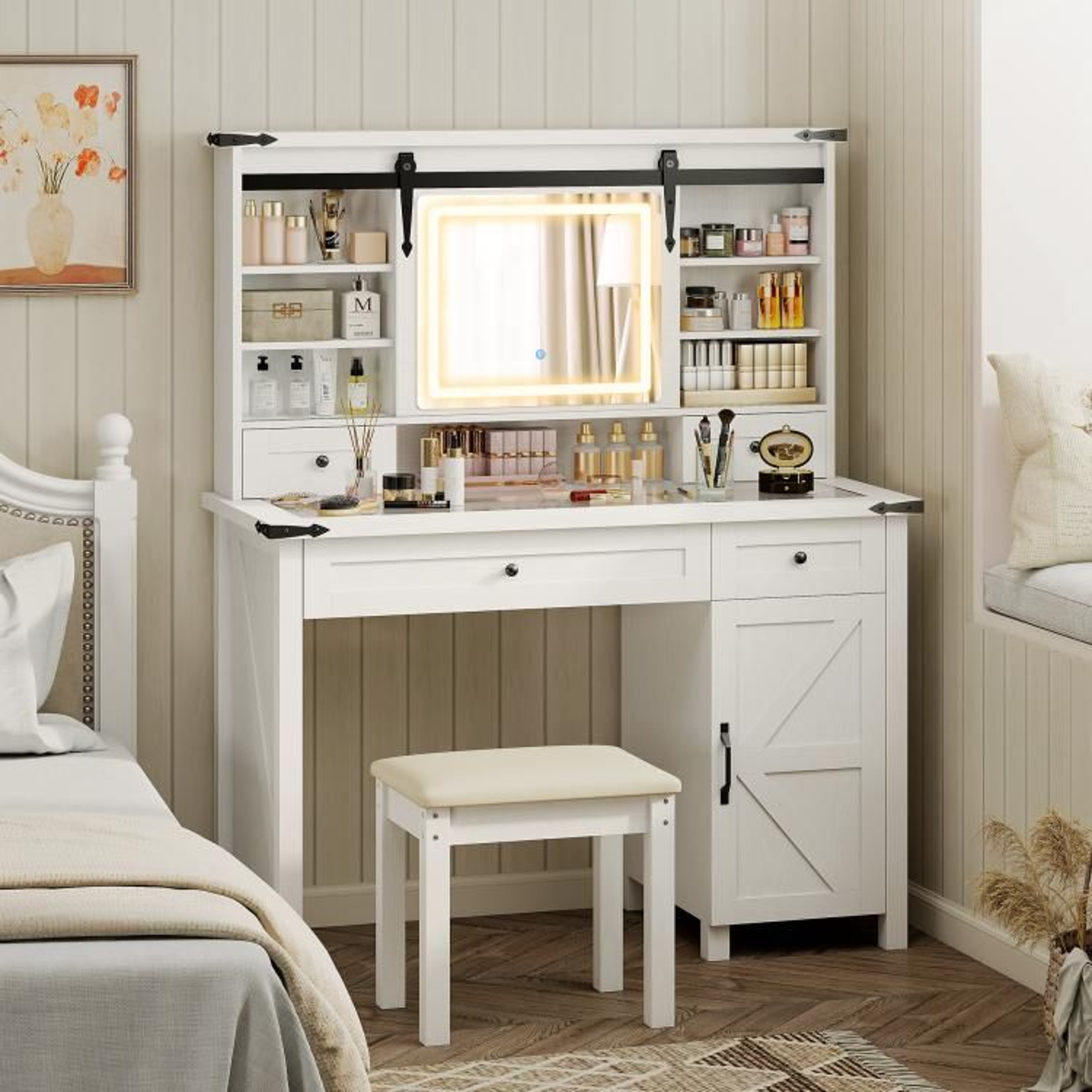 Makeup Vanity Desk Set With LED Mirror And Cushioned Stool White Farmhouse Style 2