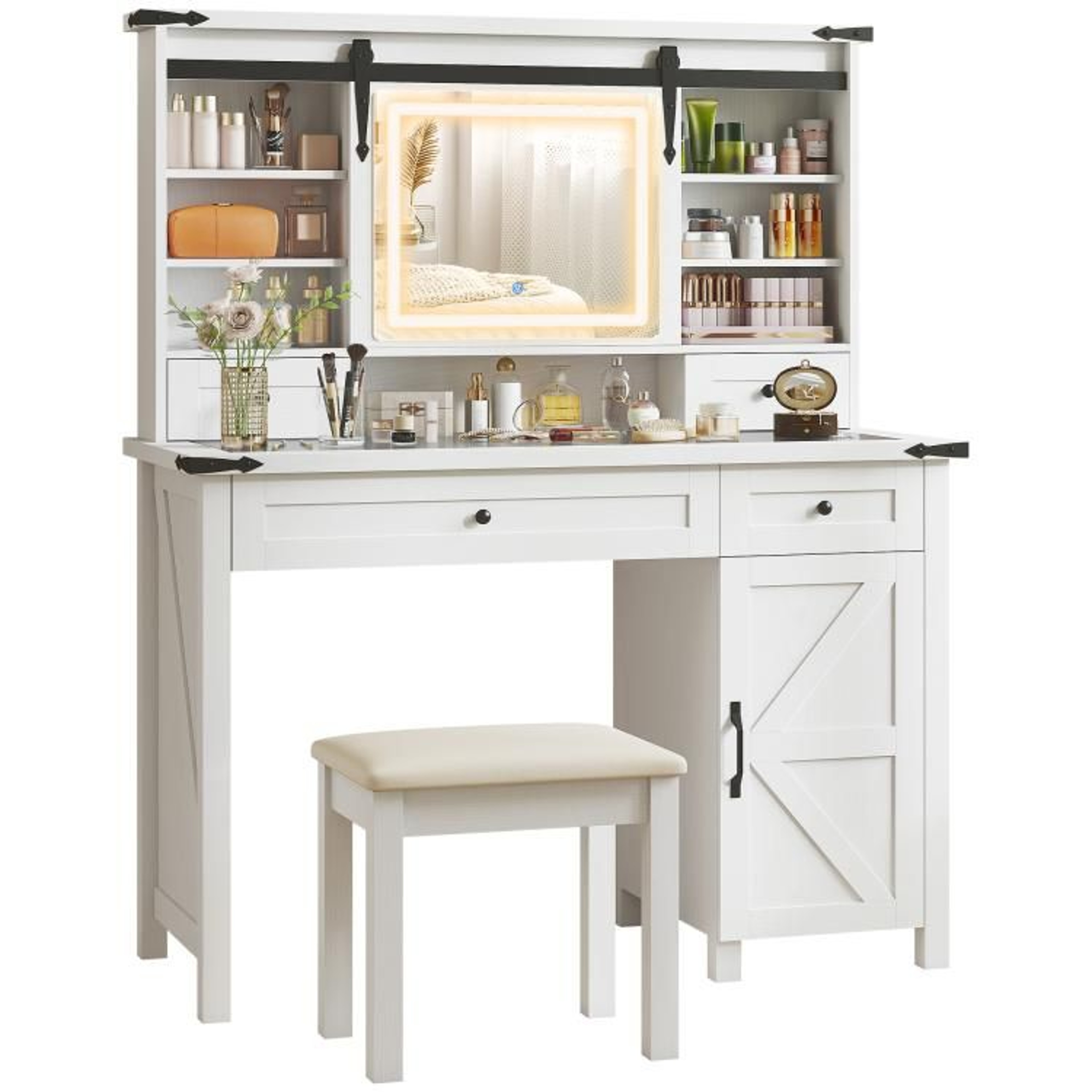 Makeup Vanity Desk Set With LED Mirror And Cushioned Stool White Farmhouse Style 0