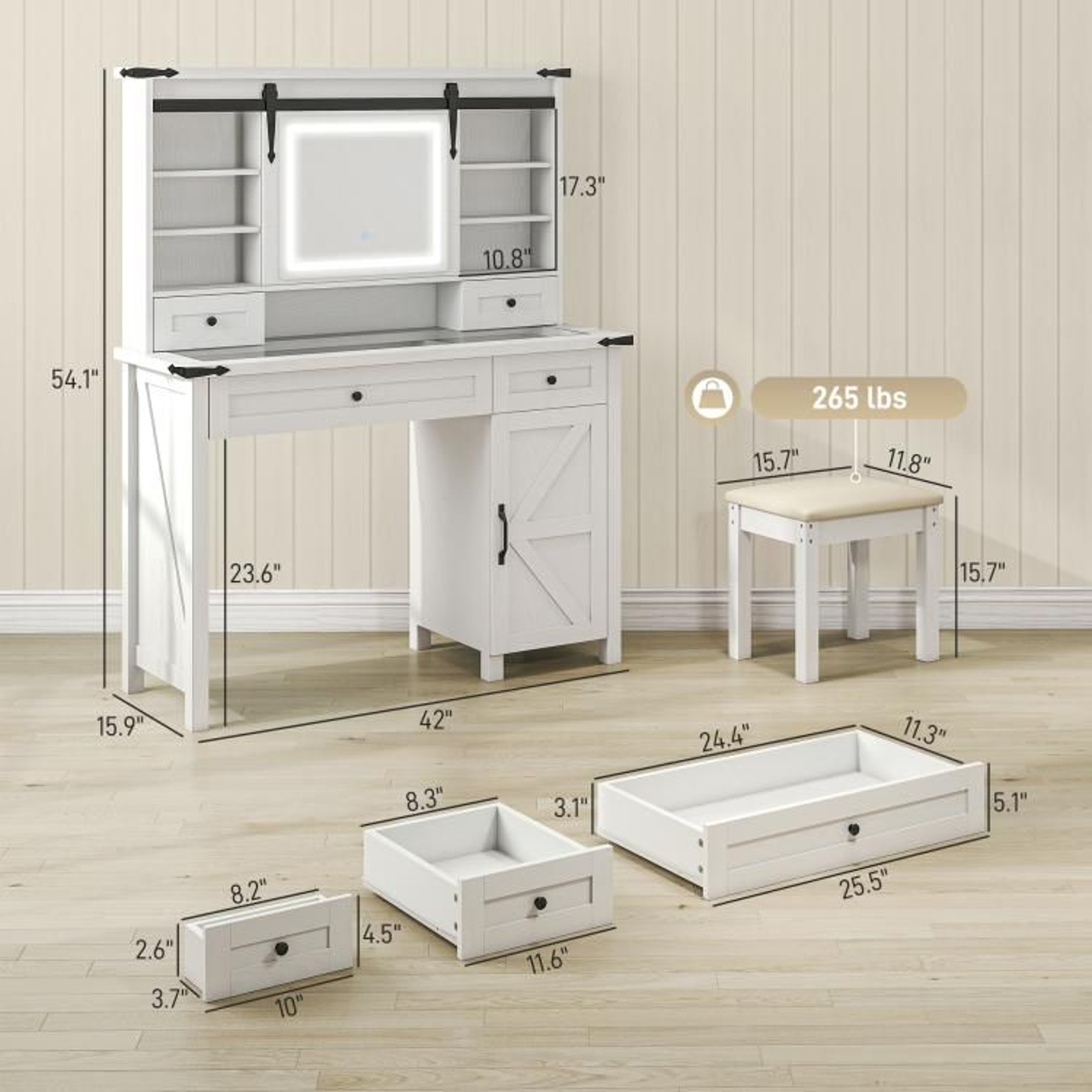 Makeup Vanity Desk Set With LED Mirror And Cushioned Stool White Farmhouse Style 4