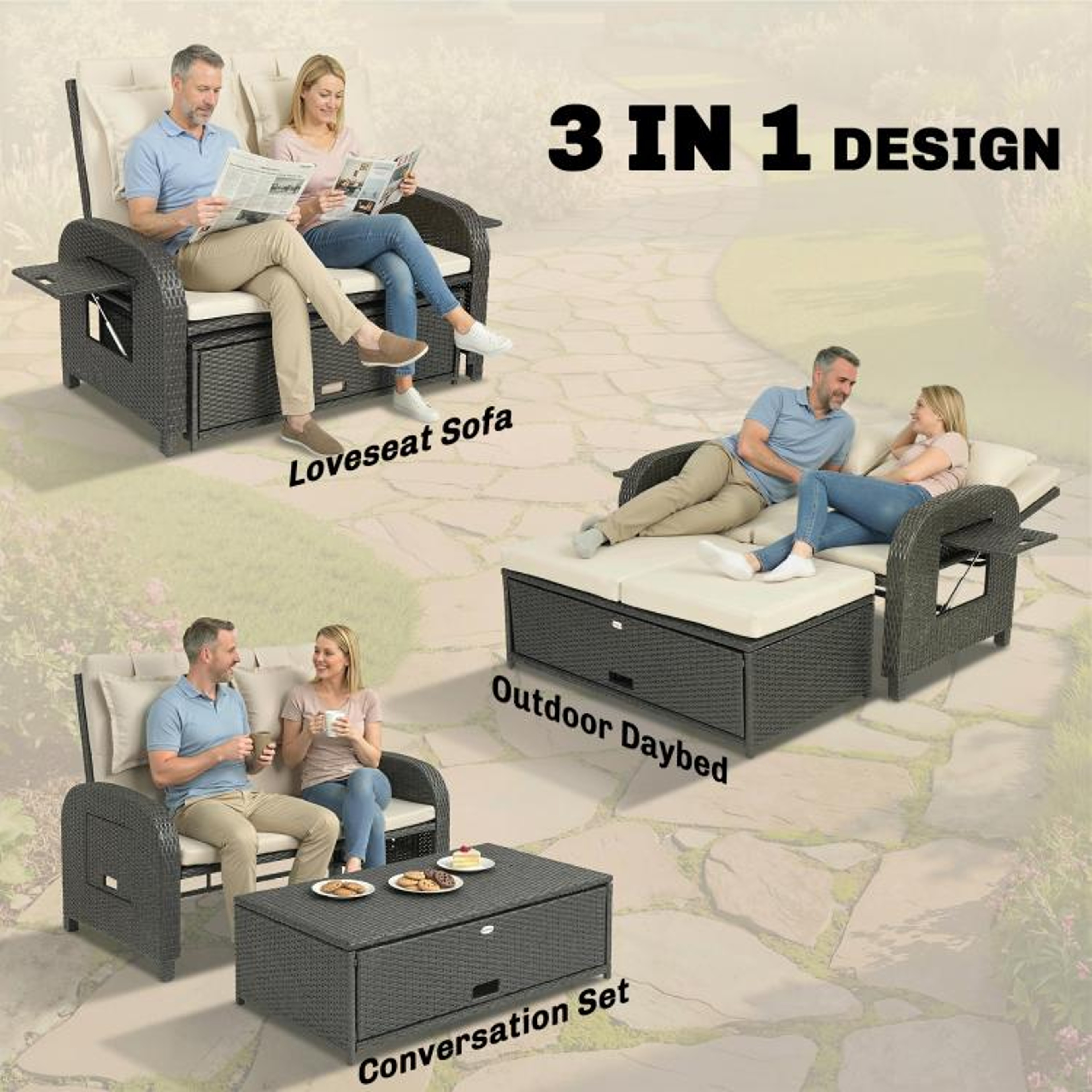 Outdoor Rattan Daybed With Storage Ottoman And Adjustable Backrest Beige 5