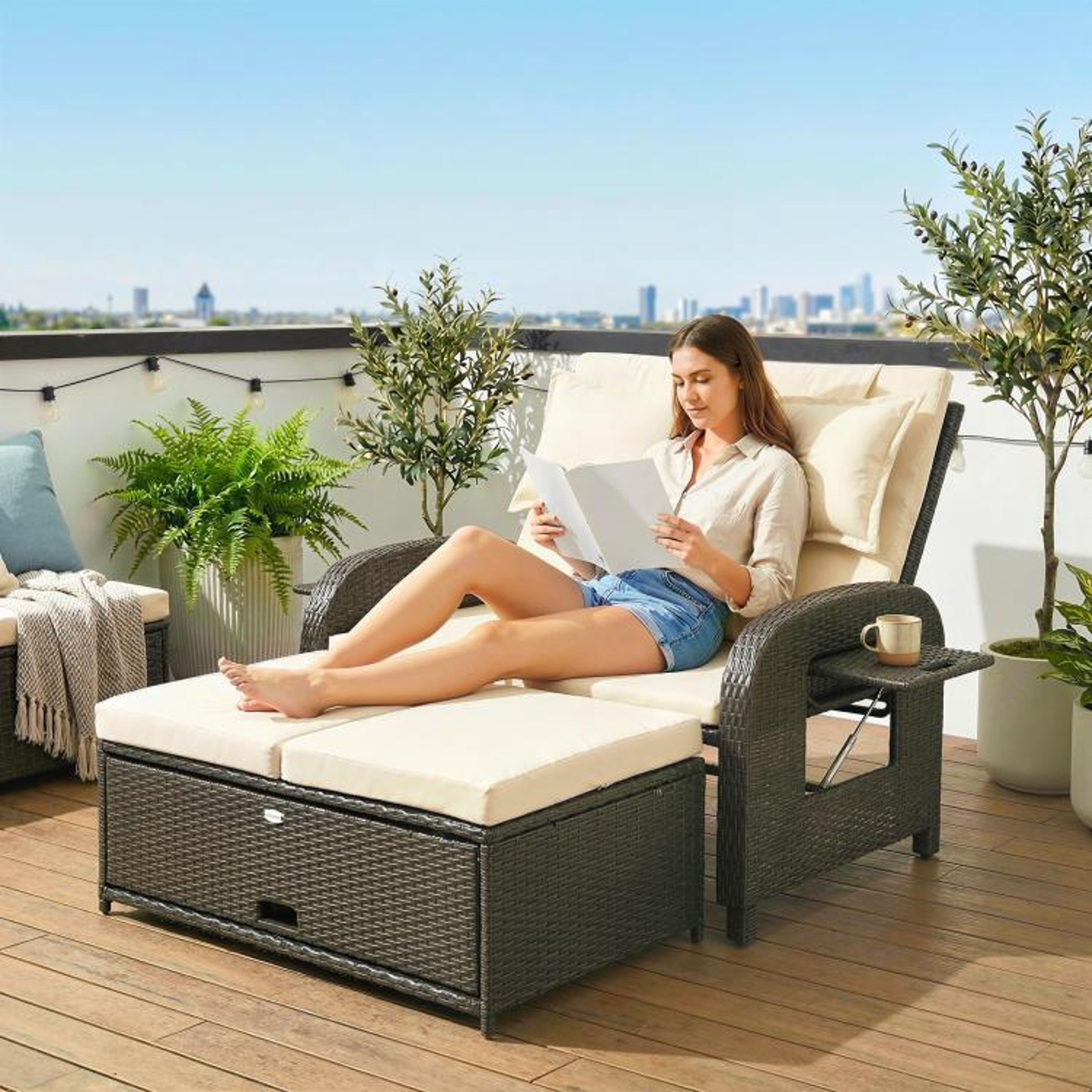 Outdoor Rattan Daybed With Storage Ottoman And Adjustable Backrest Beige 3