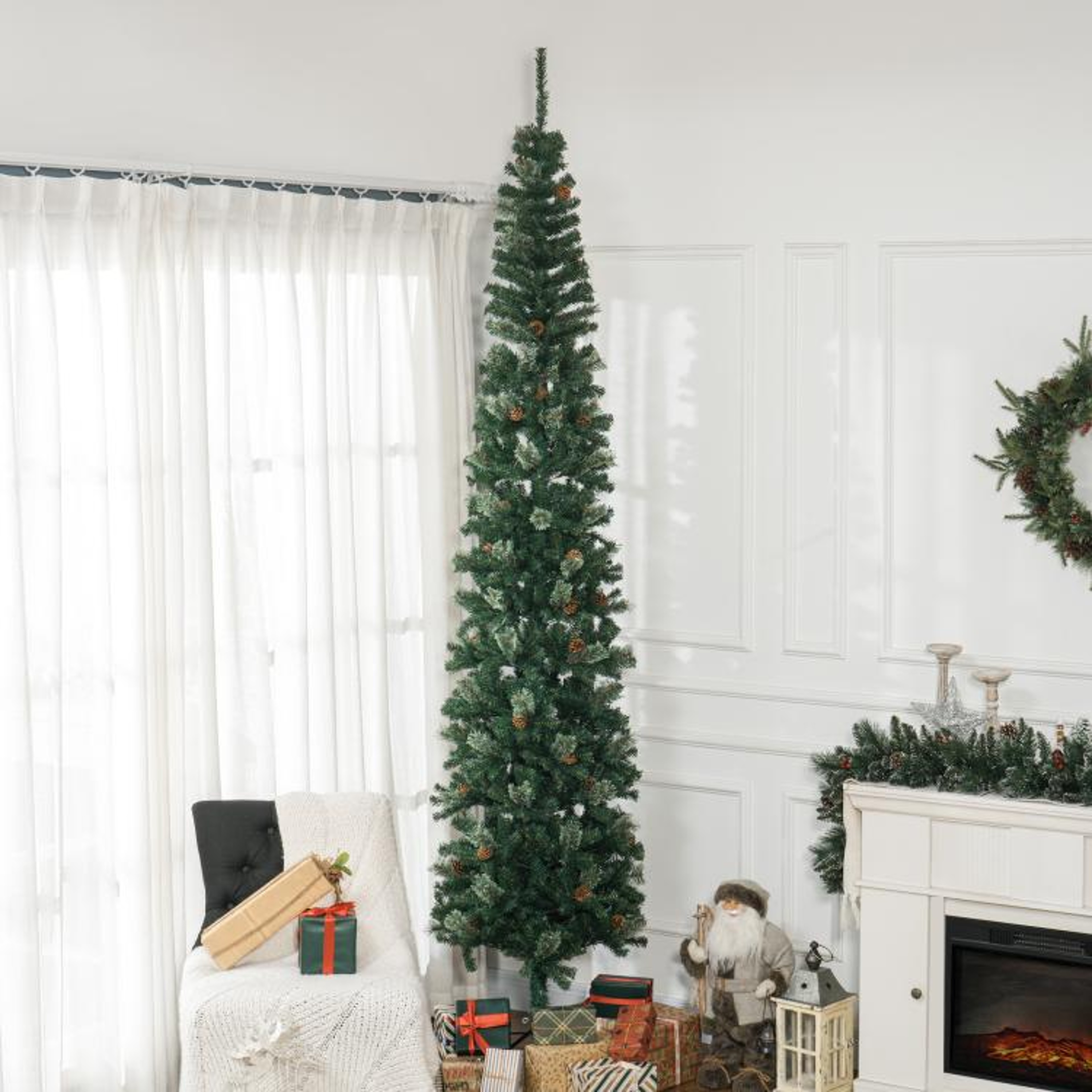 95 Ft Slim Pencil Christmas Tree With Pine Cones And Realistic Green Branches 2