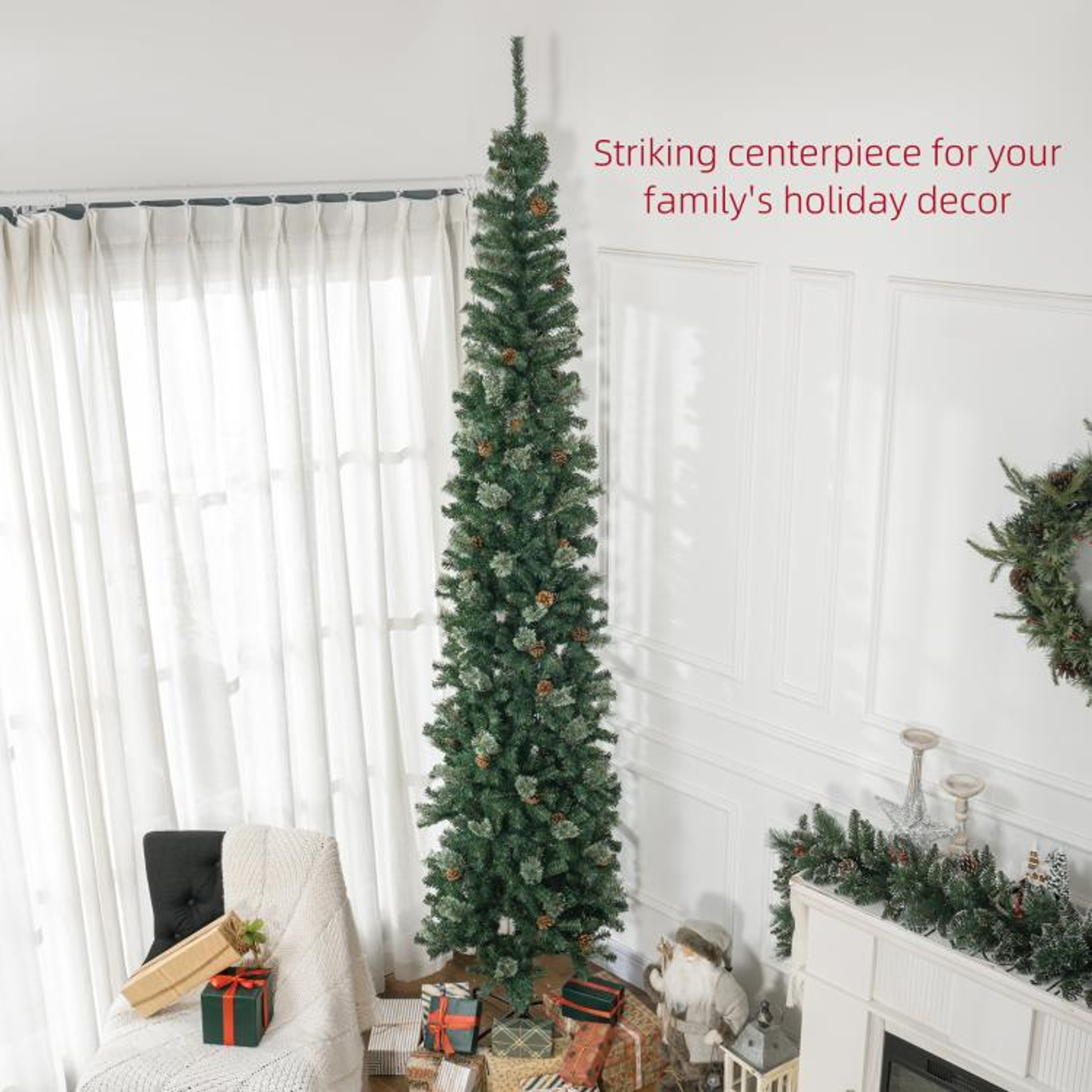 95 Ft Slim Pencil Christmas Tree With Pine Cones And Realistic Green Branches 5