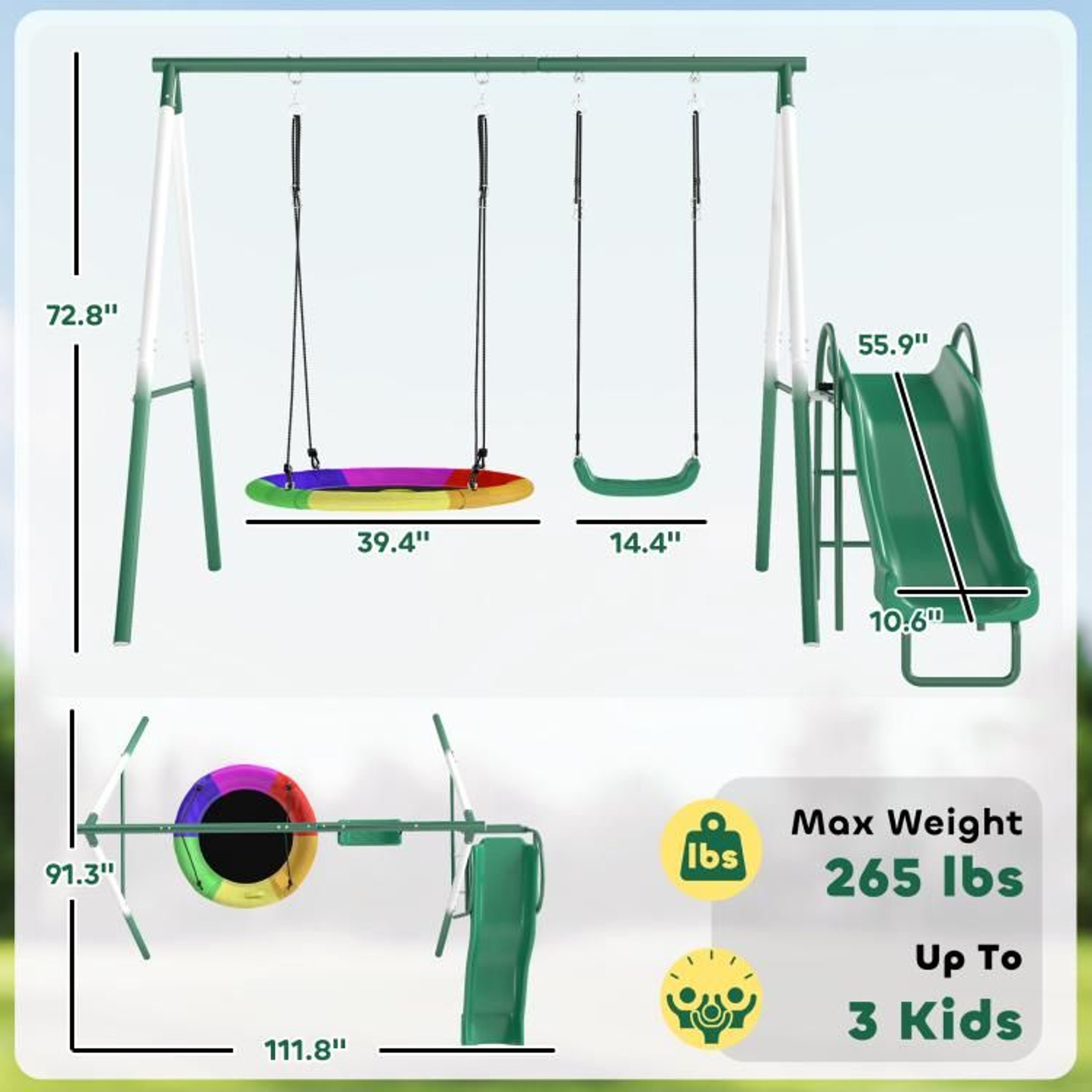 Metal Swing Set With Slide And Saucer Swing For Kids  Heavy Duty AFrame 4