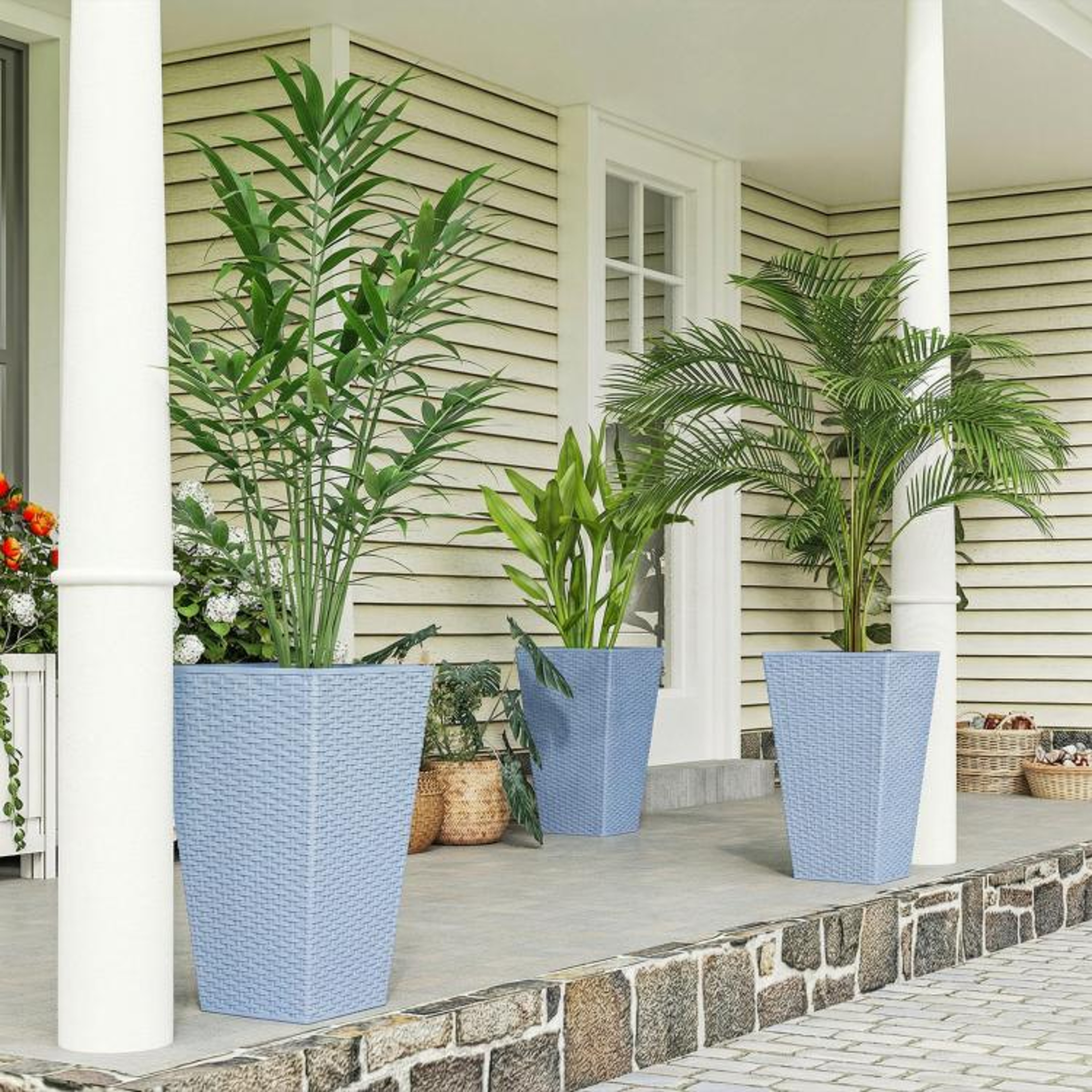 Tall Outdoor Planters Set Of 3  24 Inch Rattan Pattern With Drainage Holes 2