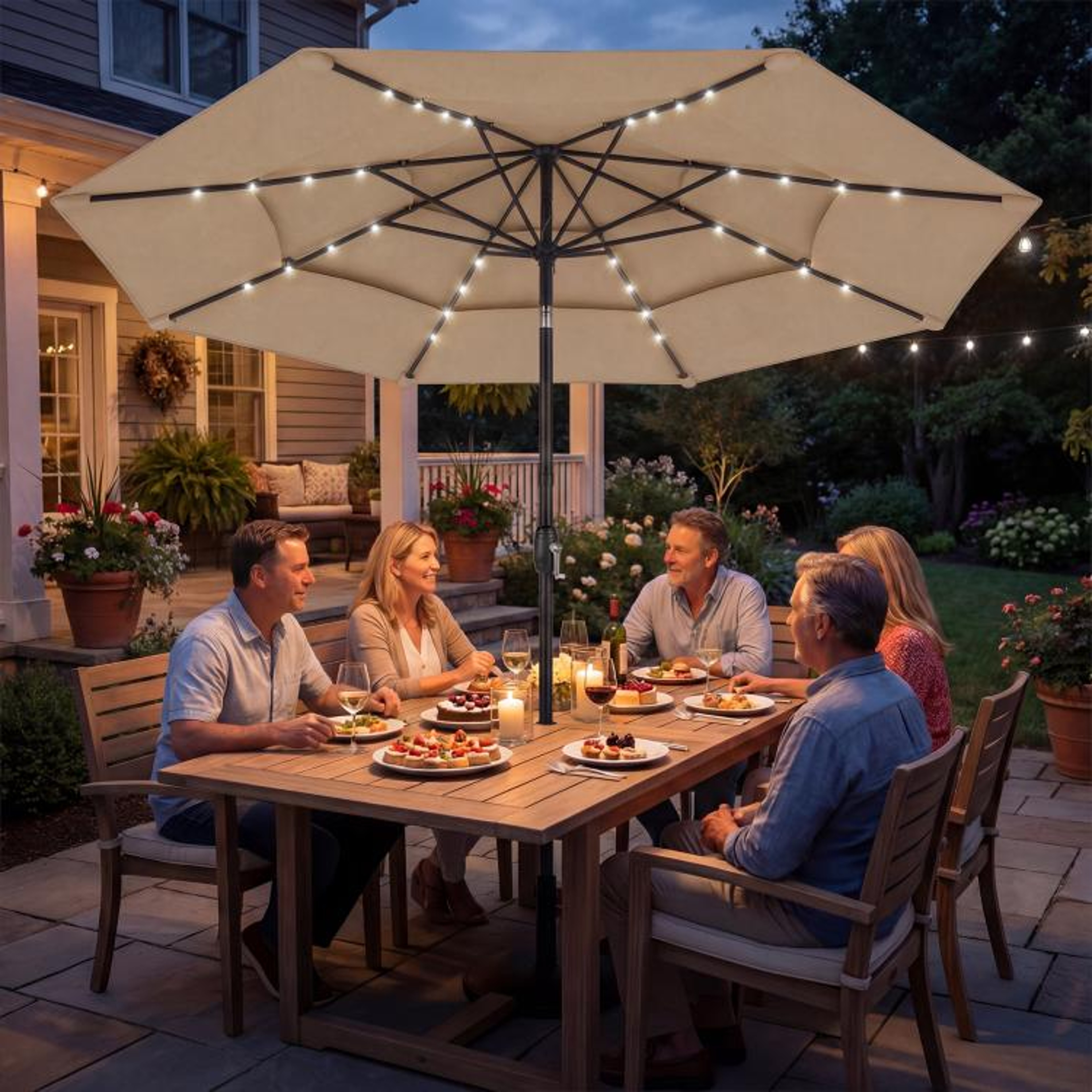 97 Ft Outdoor Patio Umbrella With Solar LED Lights And 3Tier Canopy  Khaki 5