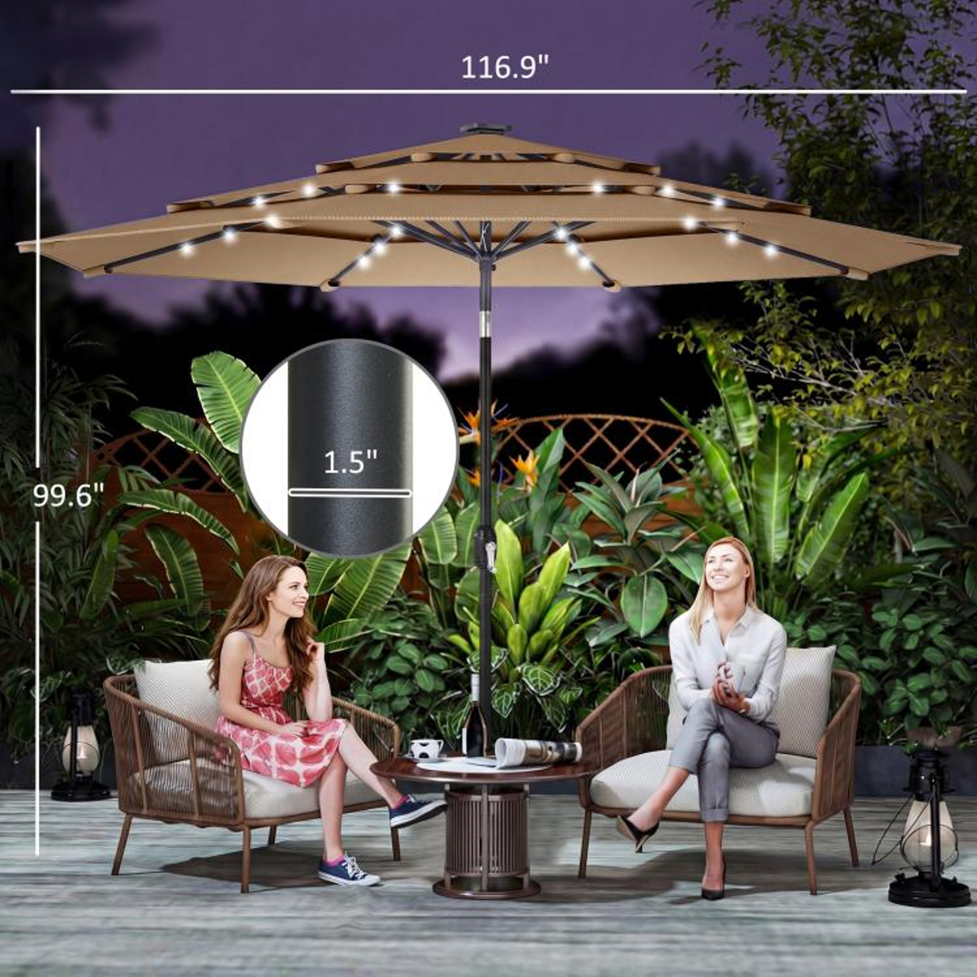 97 Ft Outdoor Patio Umbrella With Solar LED Lights And 3Tier Canopy  Khaki 4