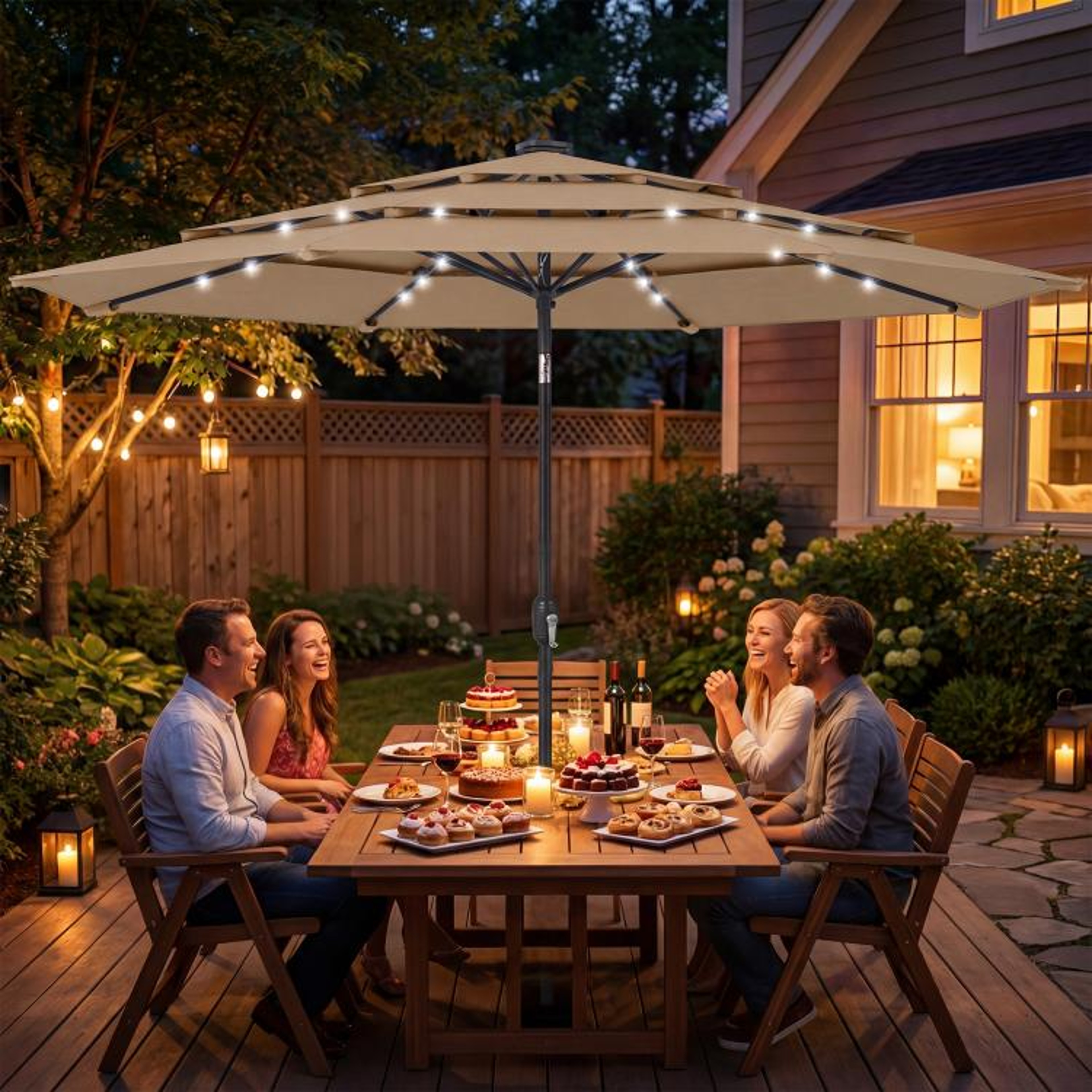 97 Ft Outdoor Patio Umbrella With Solar LED Lights And 3Tier Canopy  Khaki 2