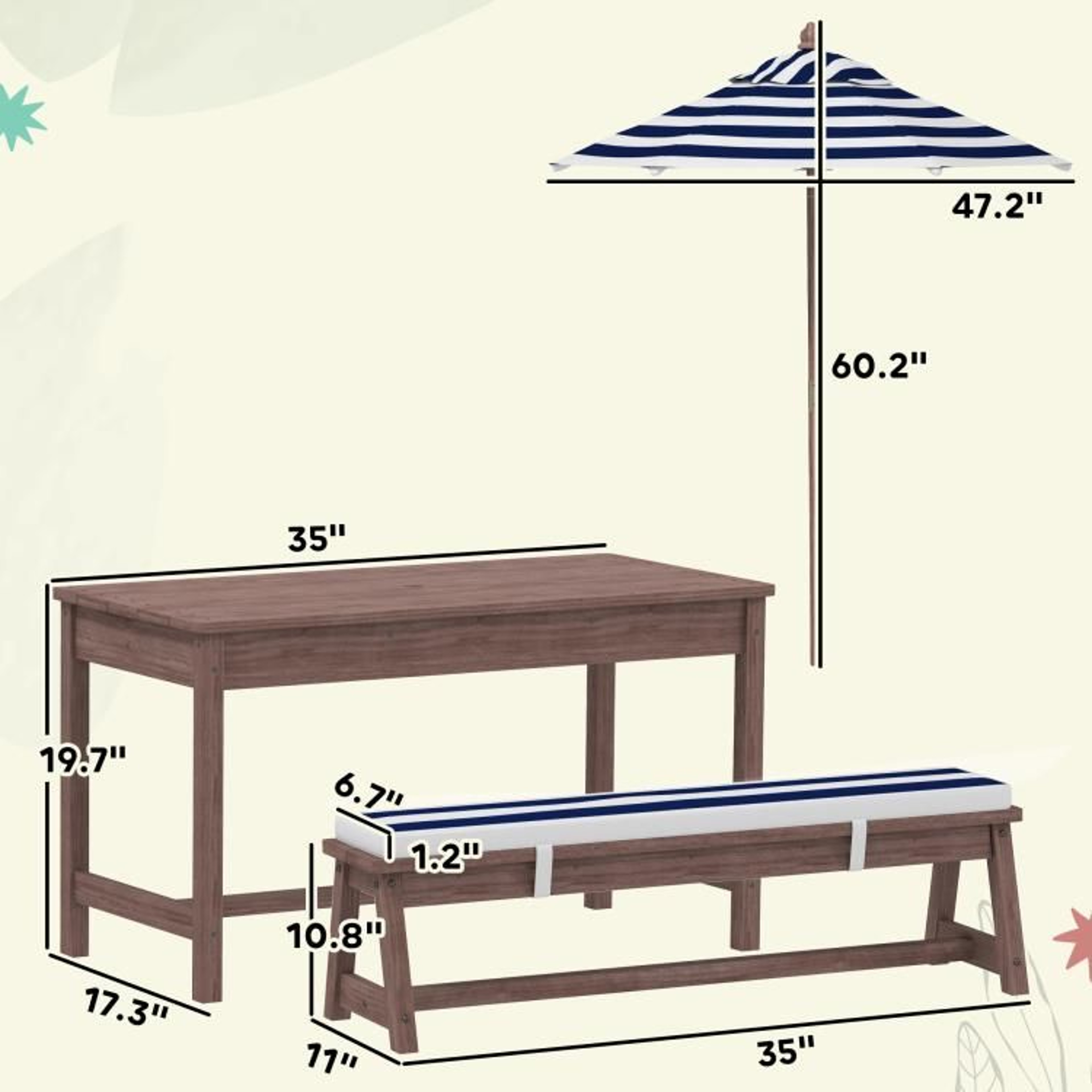 Kids Outdoor Wooden Picnic Table With Cushioned Benches And Umbrella  Navy Blue 4