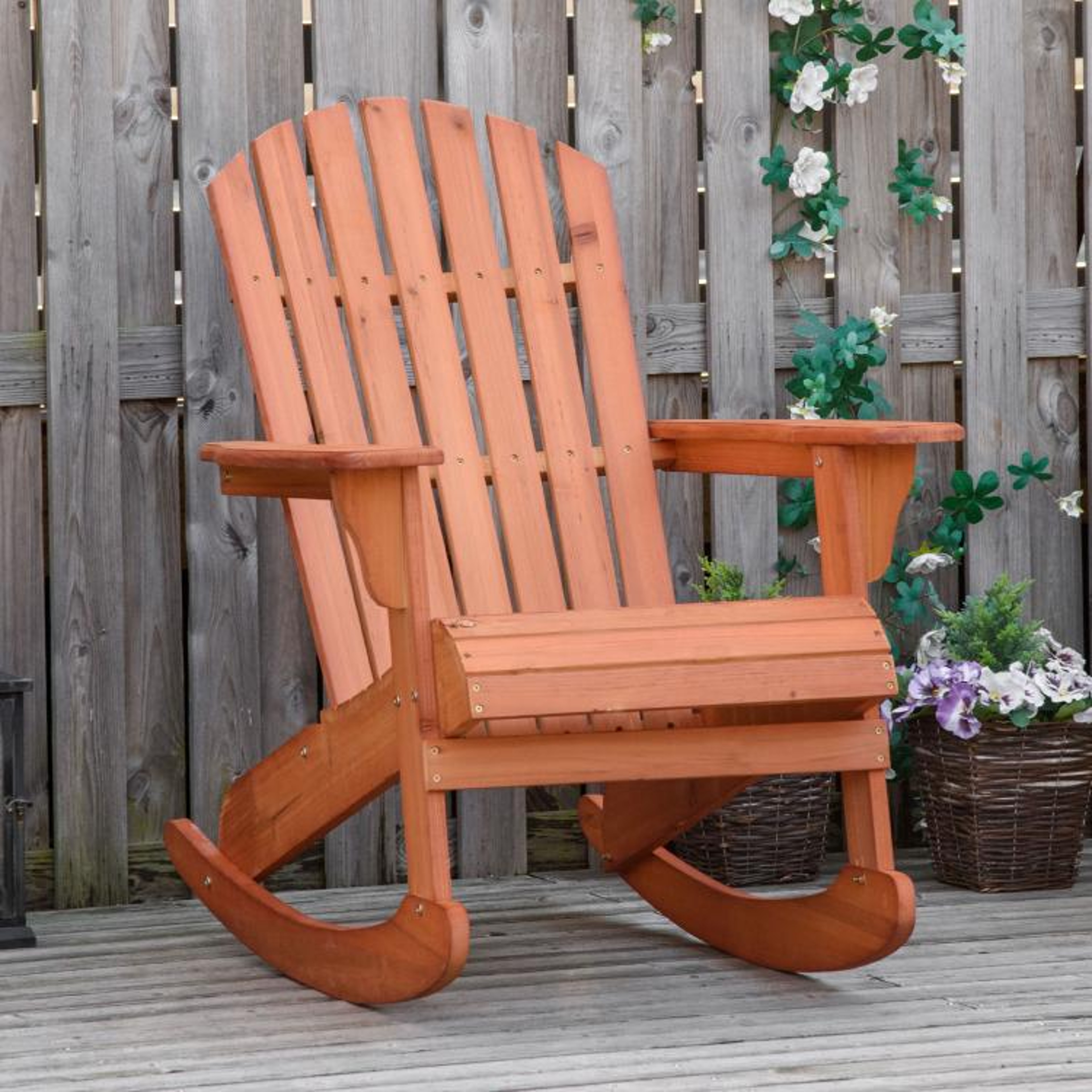 Wooden Adirondack Rocking Chair With Fanned Back And Wide Armrests 2