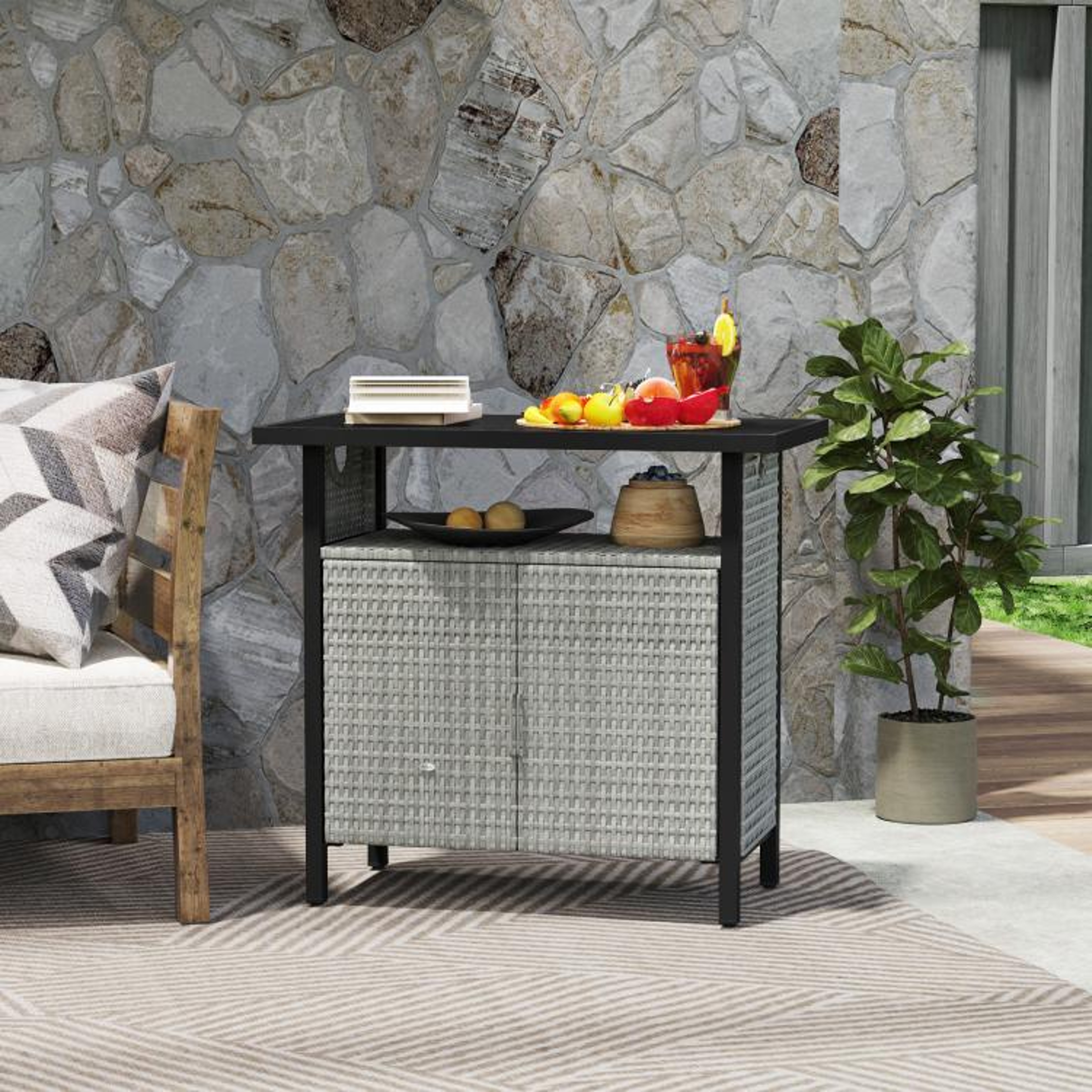 Outdoor Pool Towel Storage Cabinet With PE Rattan And Steel Frame  Gray 3