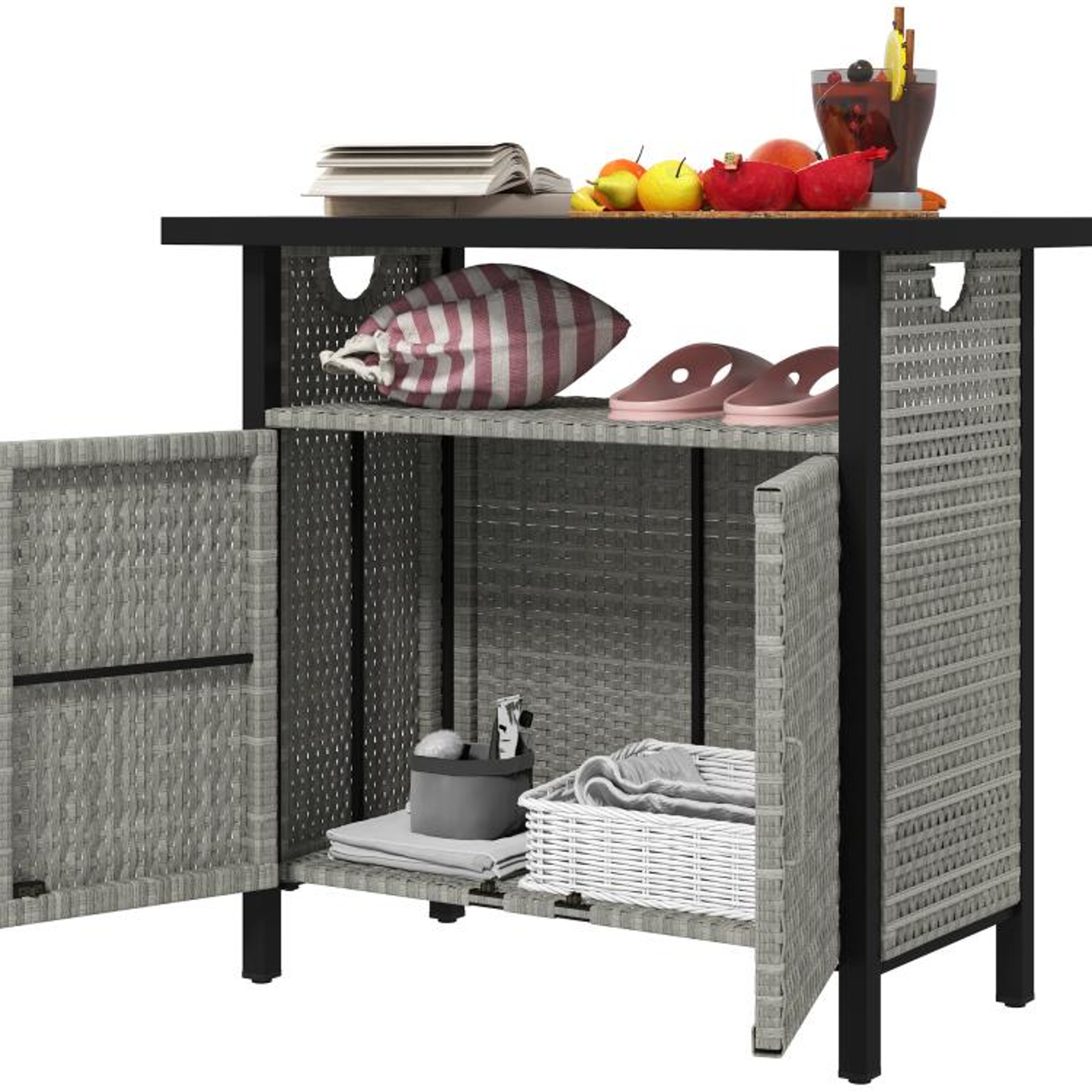 Outdoor Pool Towel Storage Cabinet With PE Rattan And Steel Frame  Gray 1