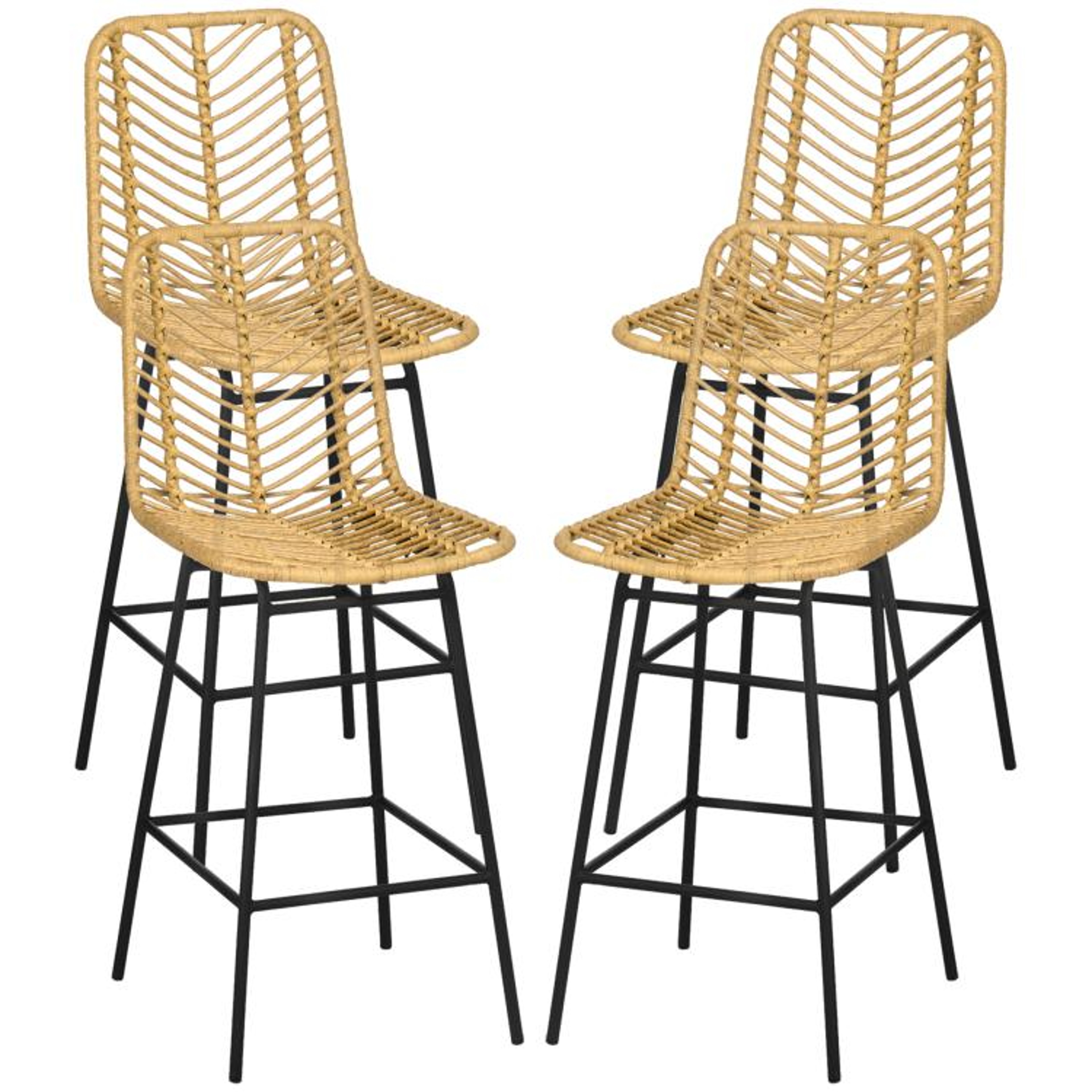 Set Of 4 Rattan Counter Height Bar Stools With Steel Legs And Footrests  Yellow 1