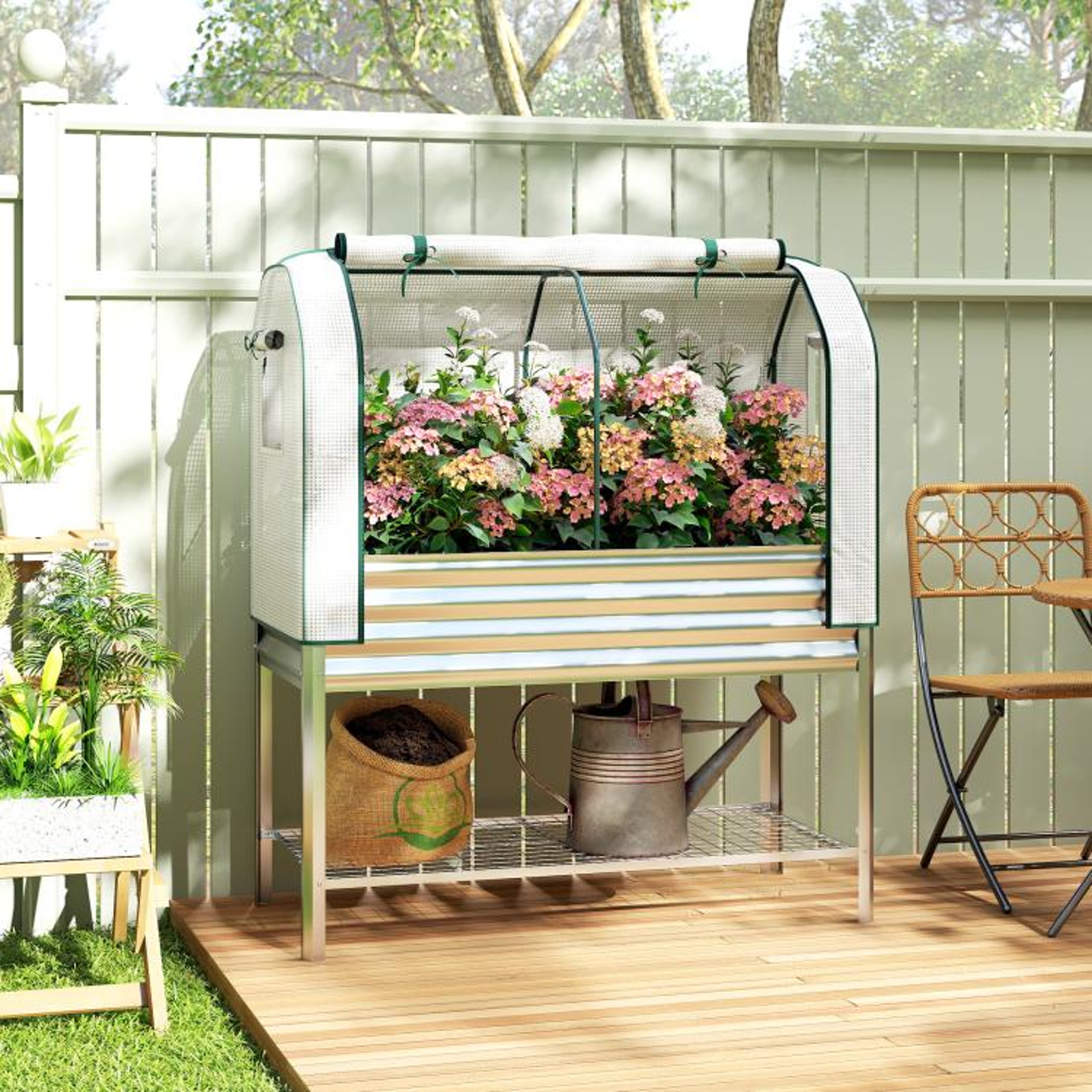 Elevated Galvanized Raised Garden Bed With Greenhouse Cover  Storage Shelf 2
