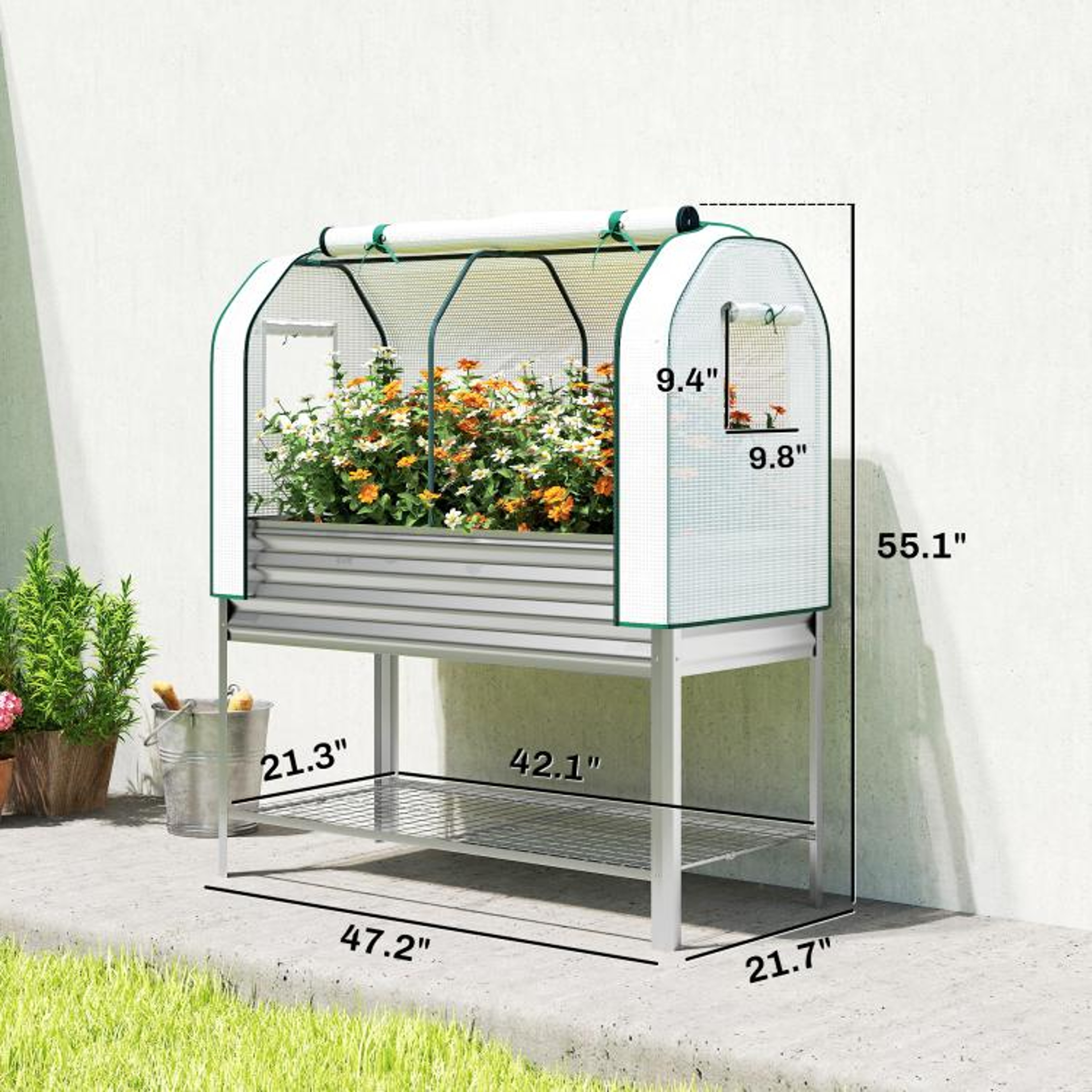 Elevated Galvanized Raised Garden Bed With Greenhouse Cover  Storage Shelf 4