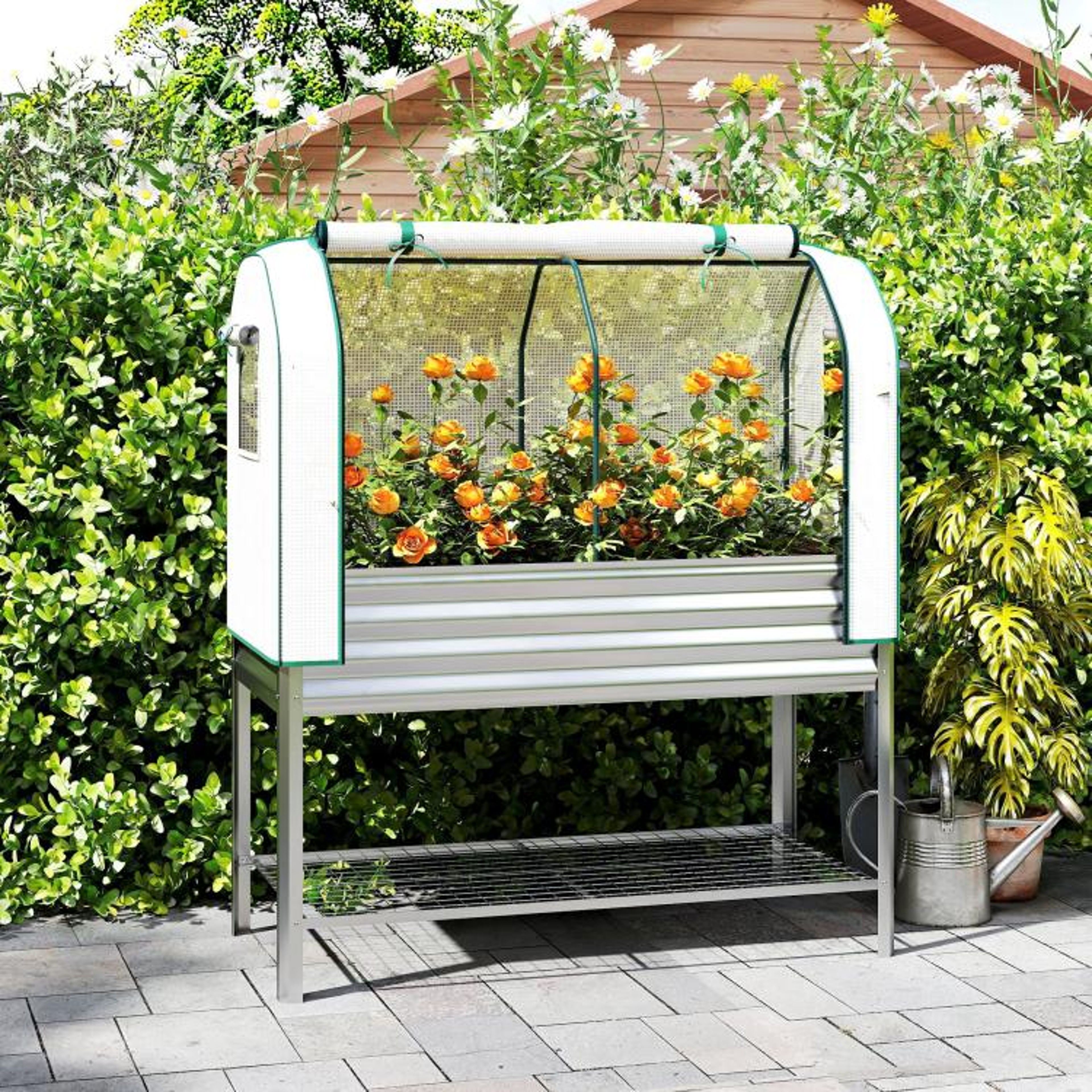 Elevated Galvanized Raised Garden Bed With Greenhouse Cover  Storage Shelf 3