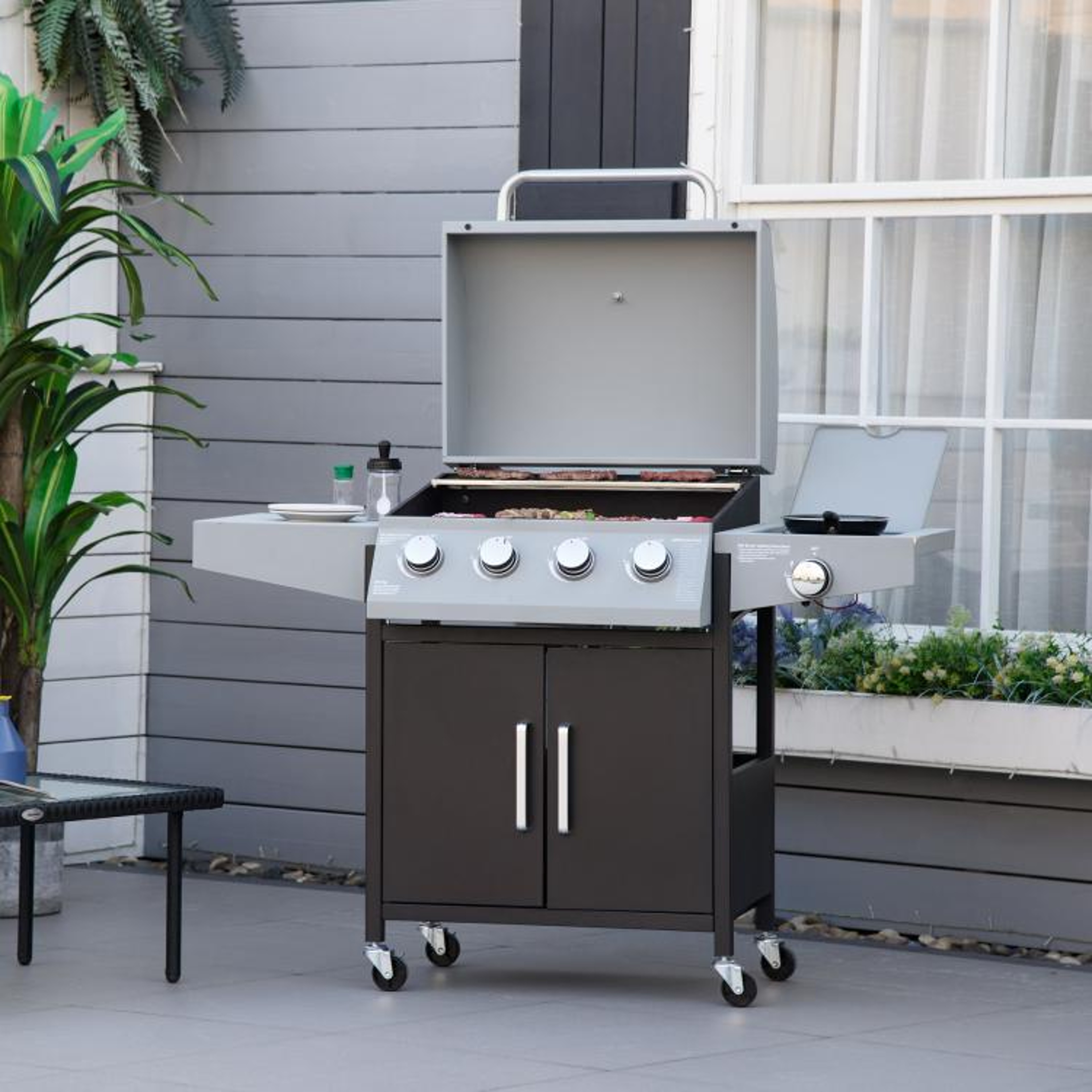 4Burner Propane Gas Grill With Side Burner And Storage Cabinet 2