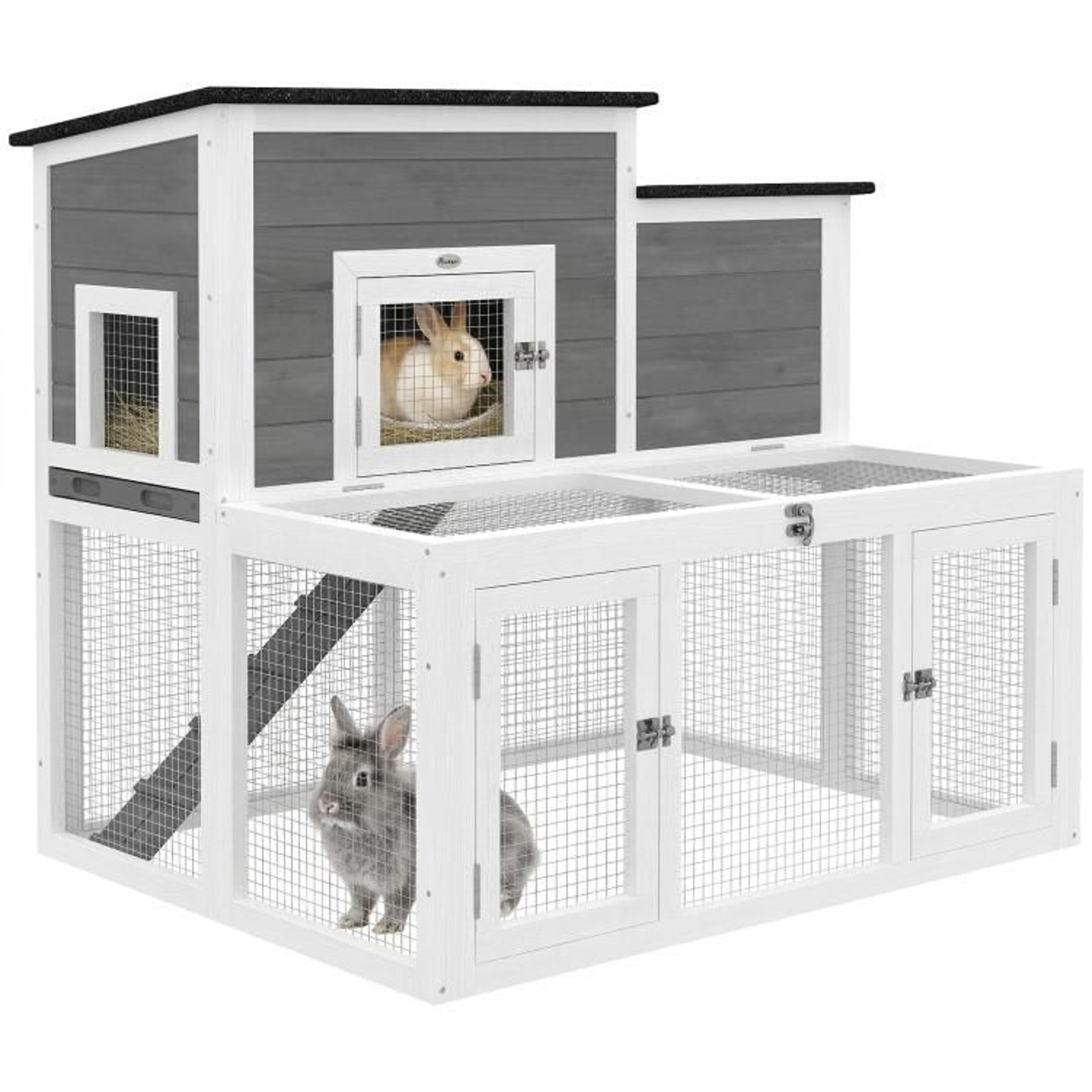 2Story Wooden Rabbit Hutch With Run And Waterproof Roof 0