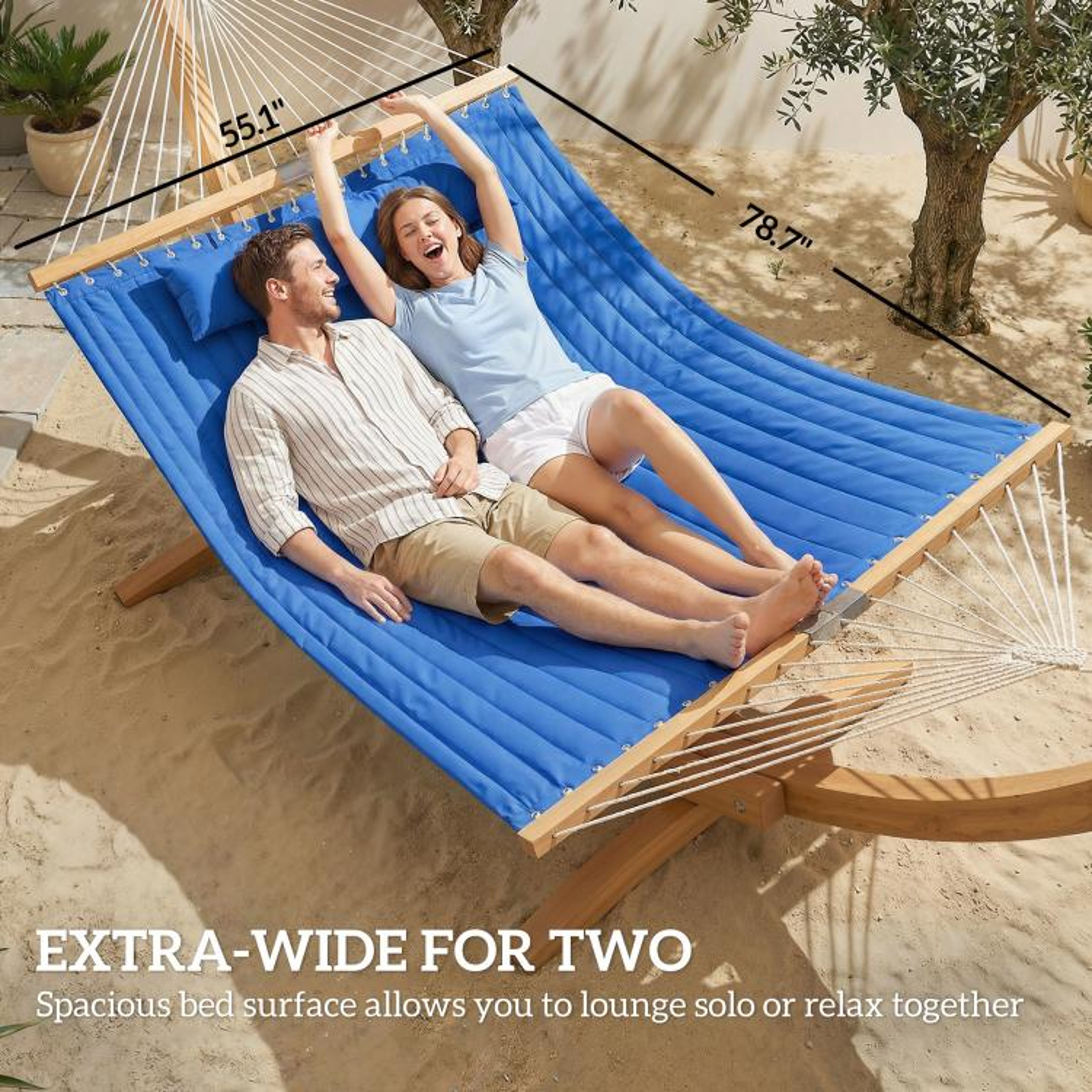 2Person Outdoor Quilted Hammock With Pillow And Spreader Bars Navy Blue 5