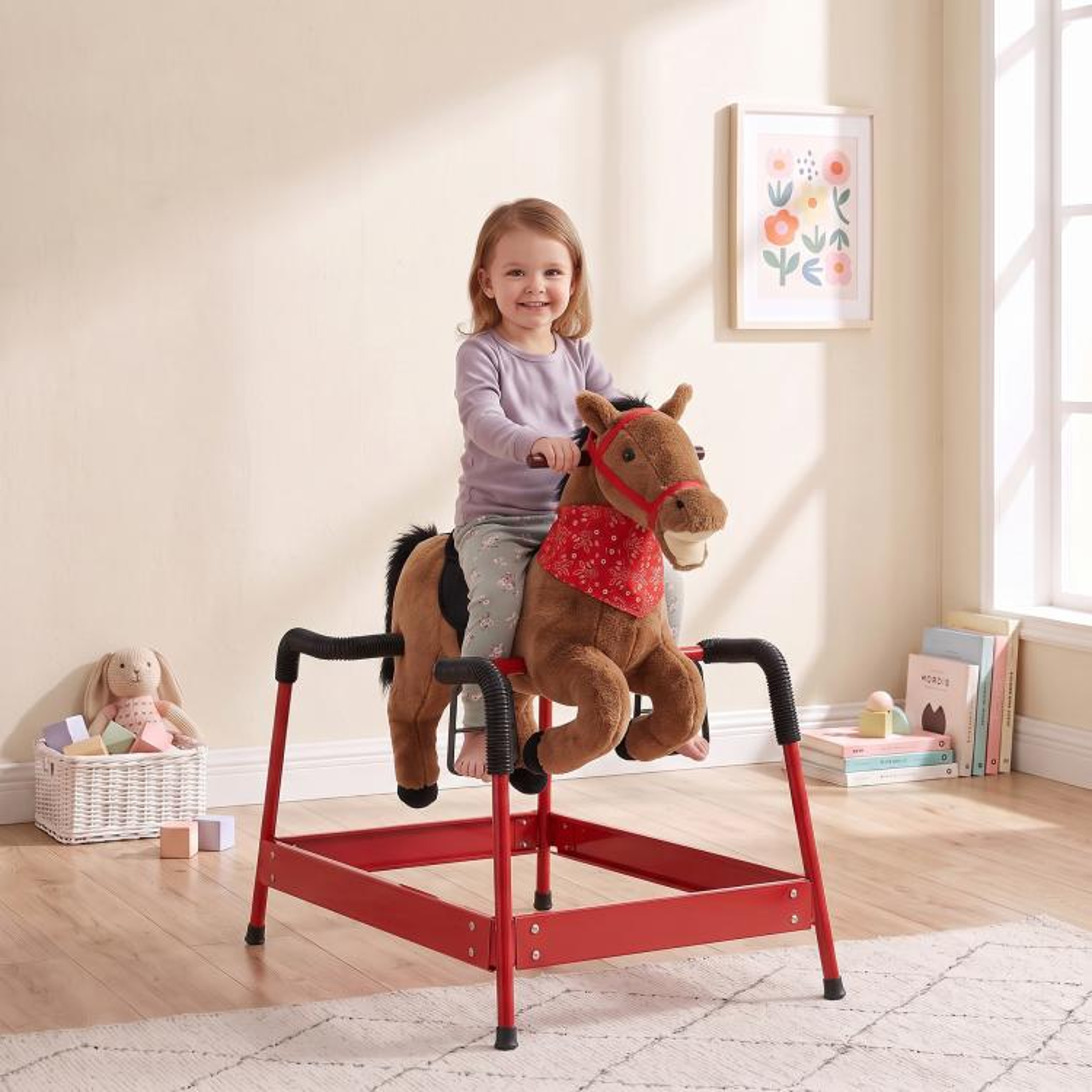 Kids Spring Rocking Horse With Neighing Sounds And Plush Seat  Brown 3