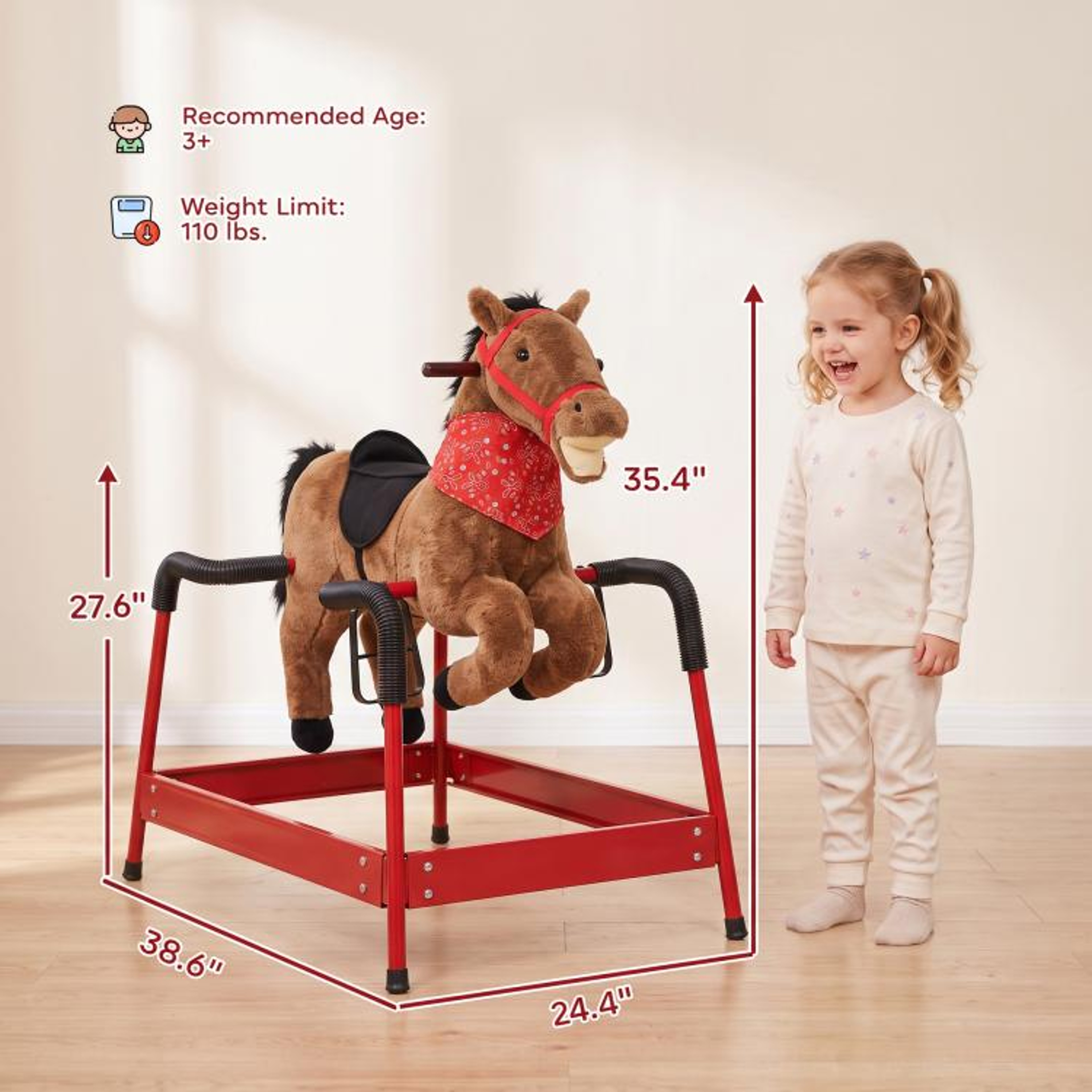 Kids Spring Rocking Horse With Neighing Sounds And Plush Seat  Brown 4
