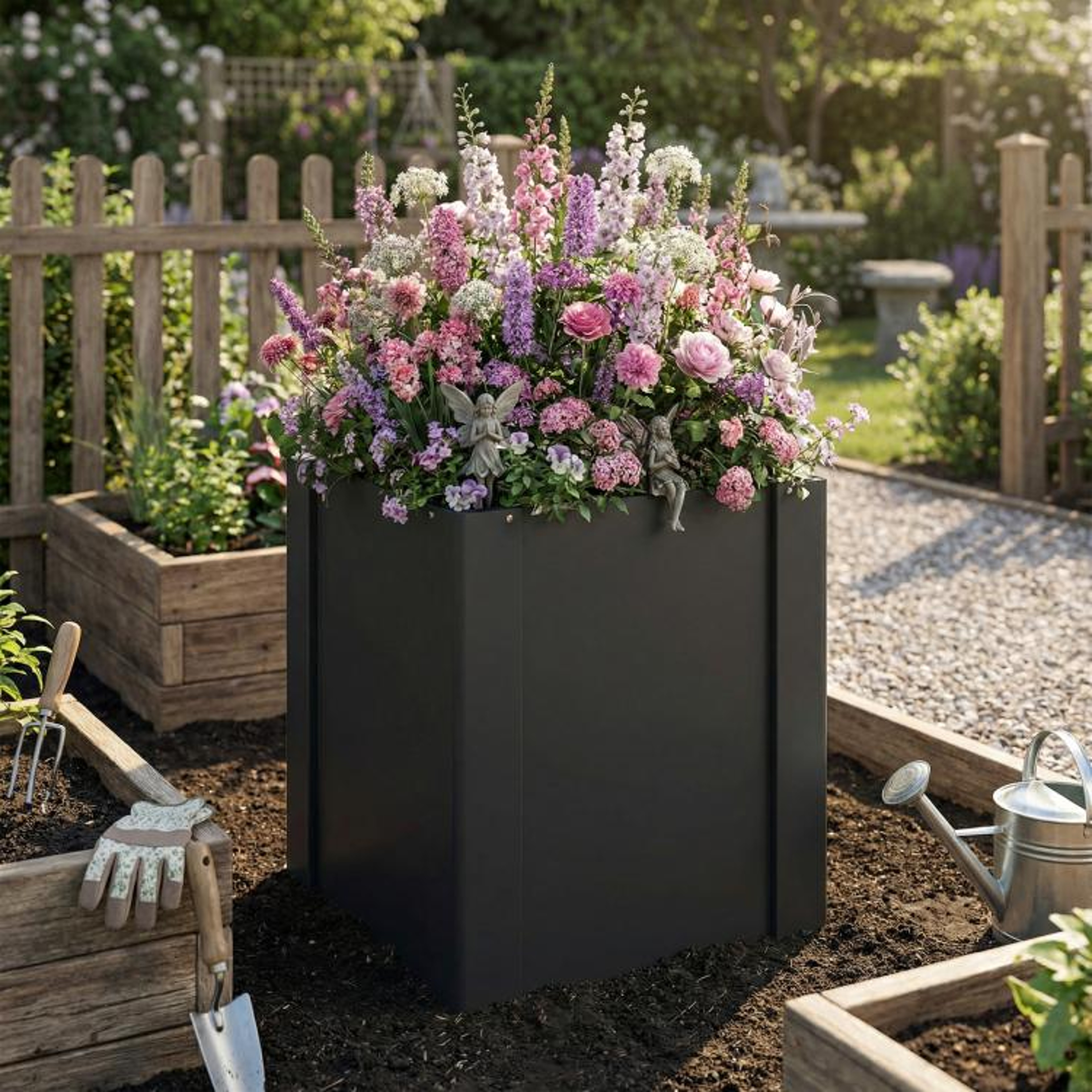 Galvanized Raised Garden Bed With Open Bottom And Gardening Gloves  Black 3