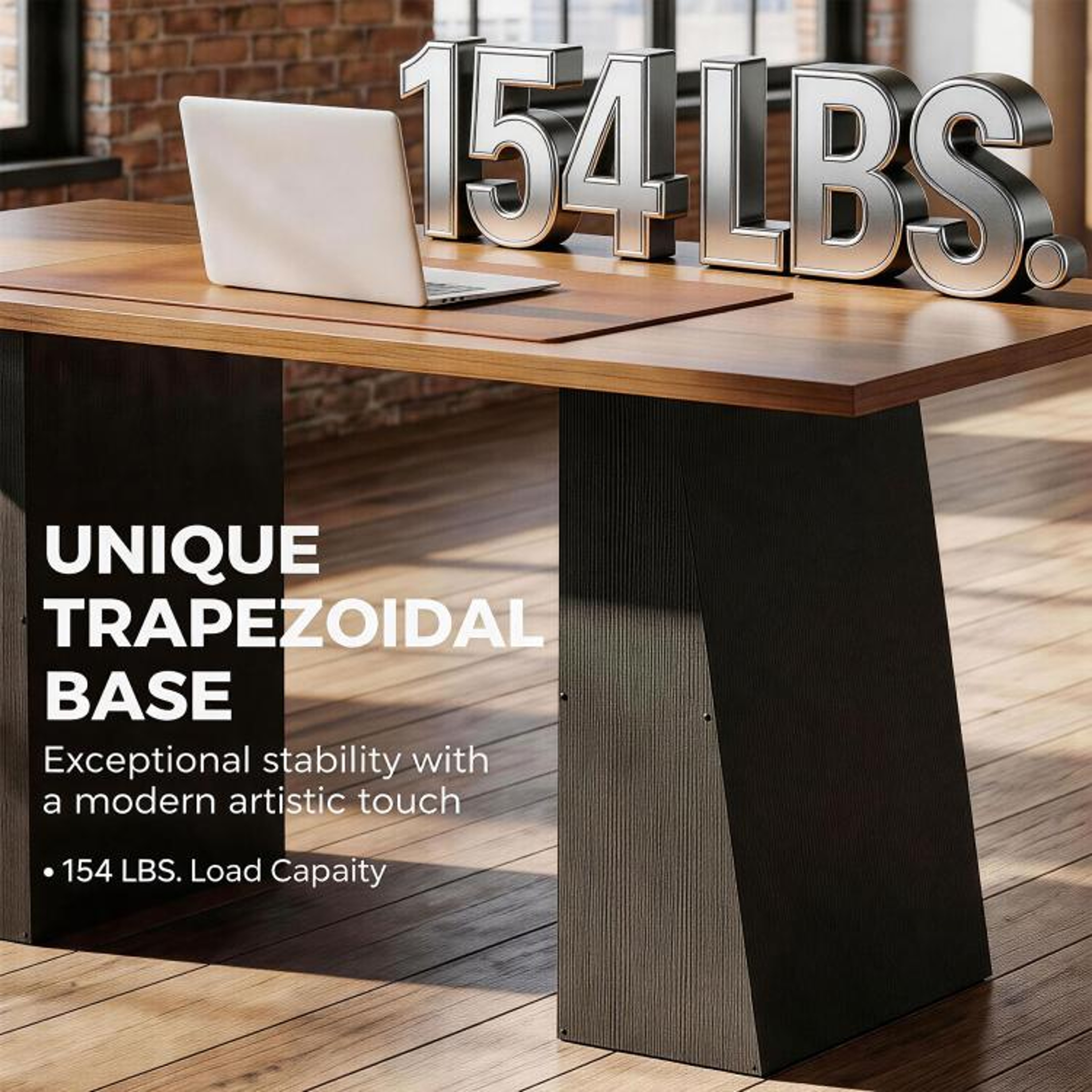 63 Inch Computer Desk With Trapezoidal Base In Light Walnut And Black 5