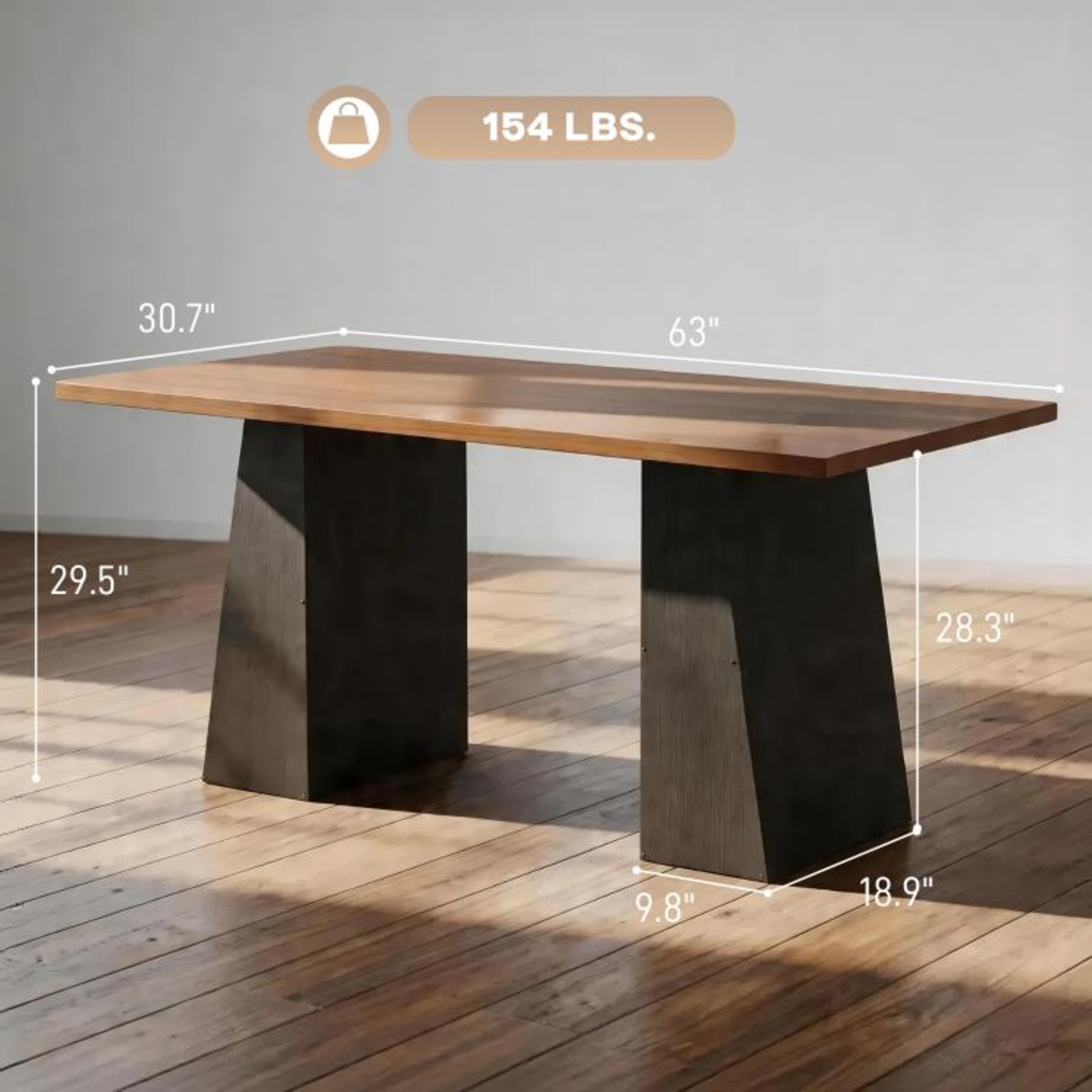 63 Inch Computer Desk With Trapezoidal Base In Light Walnut And Black 3