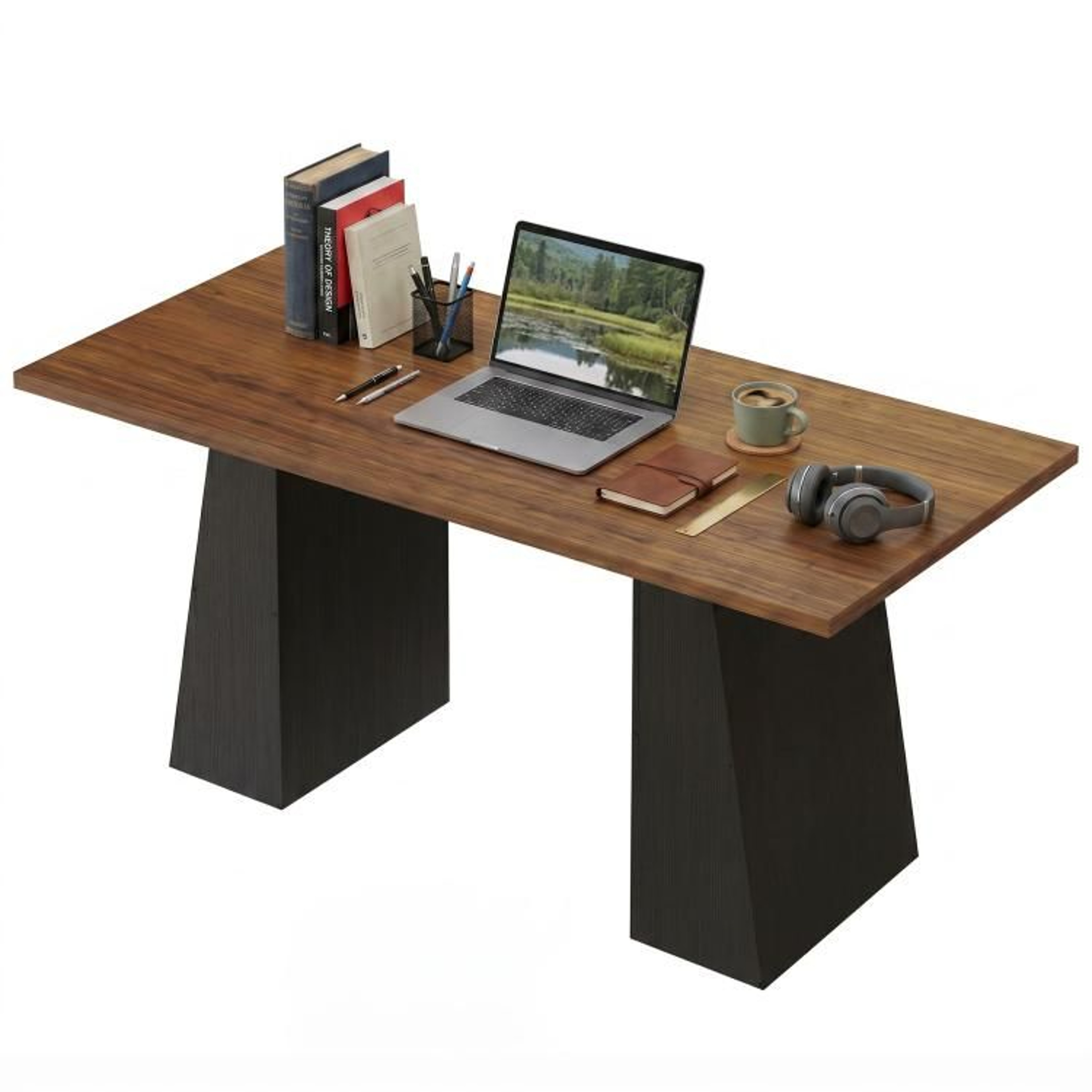 63 Inch Computer Desk With Trapezoidal Base In Light Walnut And Black 0