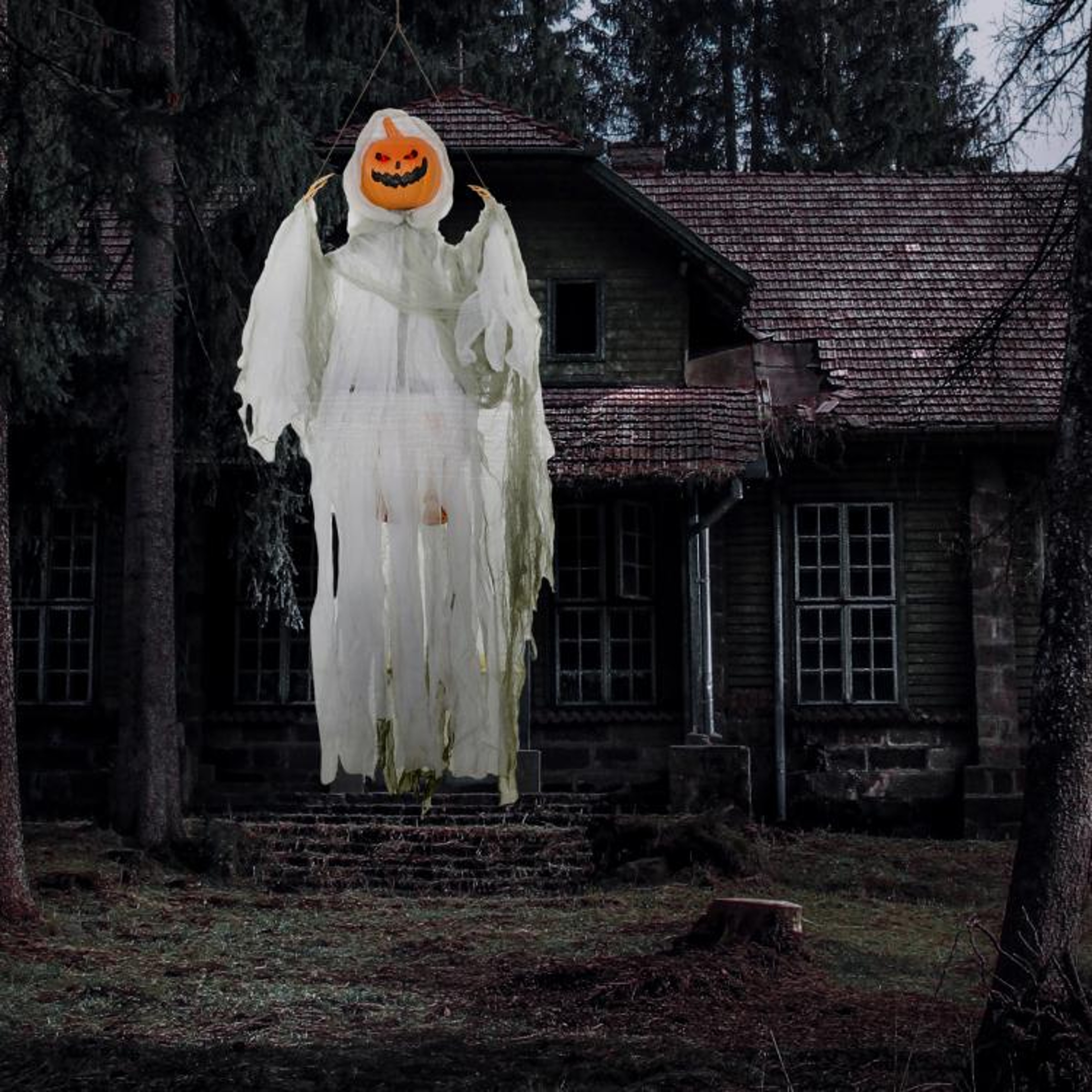 Hanging Halloween Pumpkin Ghost Decoration With Glowing Eyes And Sounds 2