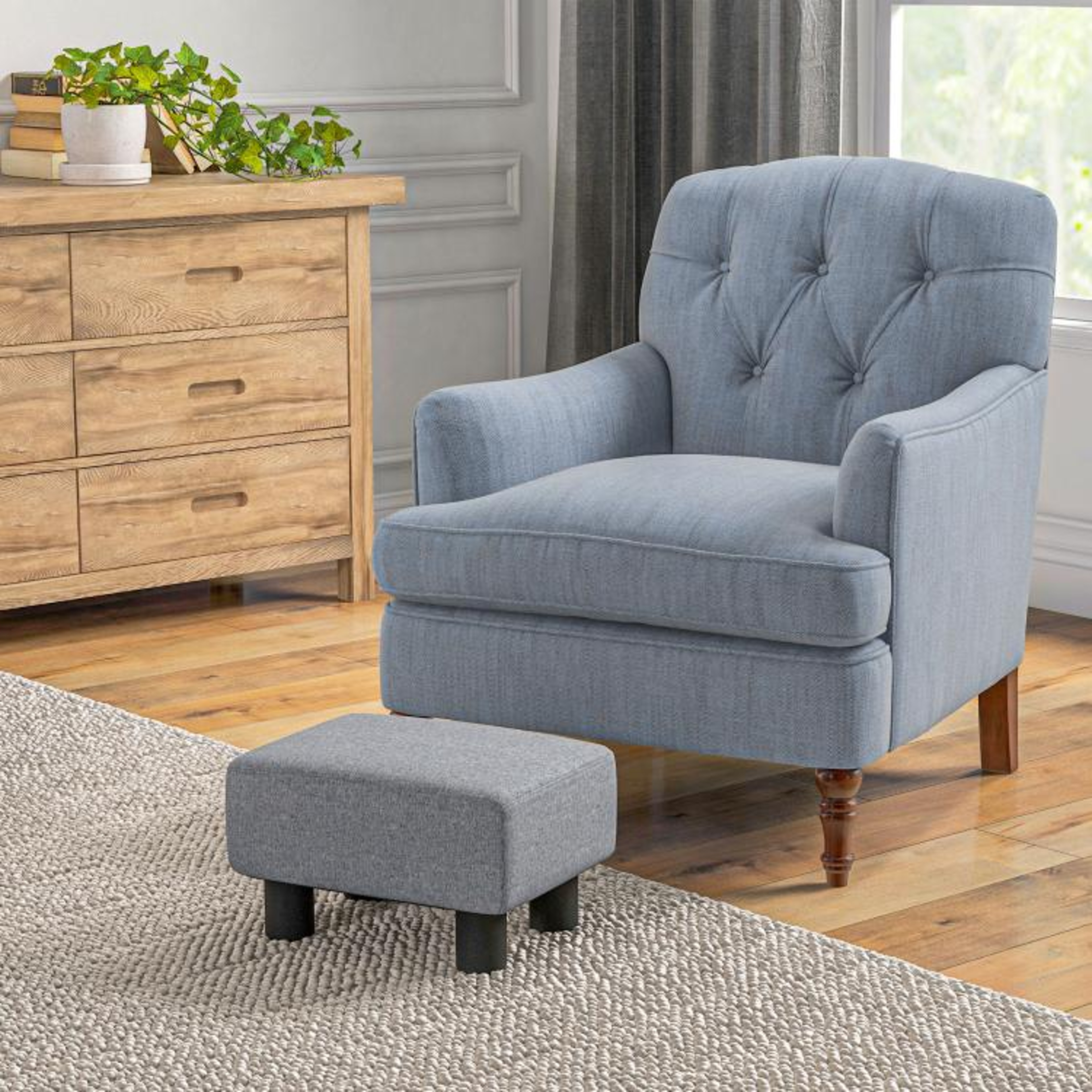 Small Gray Ottoman Foot Rest With Linen Upholstery And Padded Cushion 2