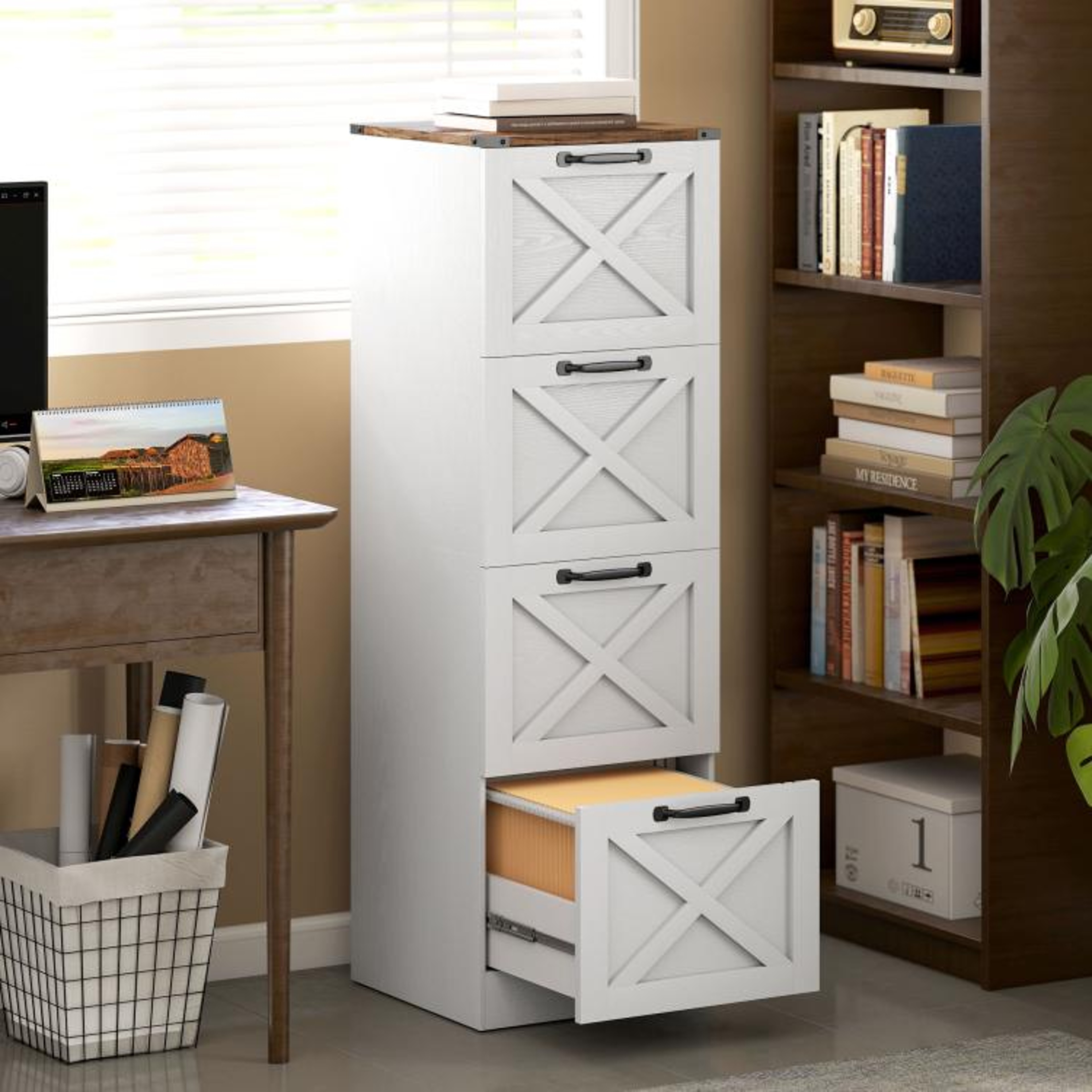 4Drawer Farmhouse File Cabinet With XPattern Design And Printer Stand 2