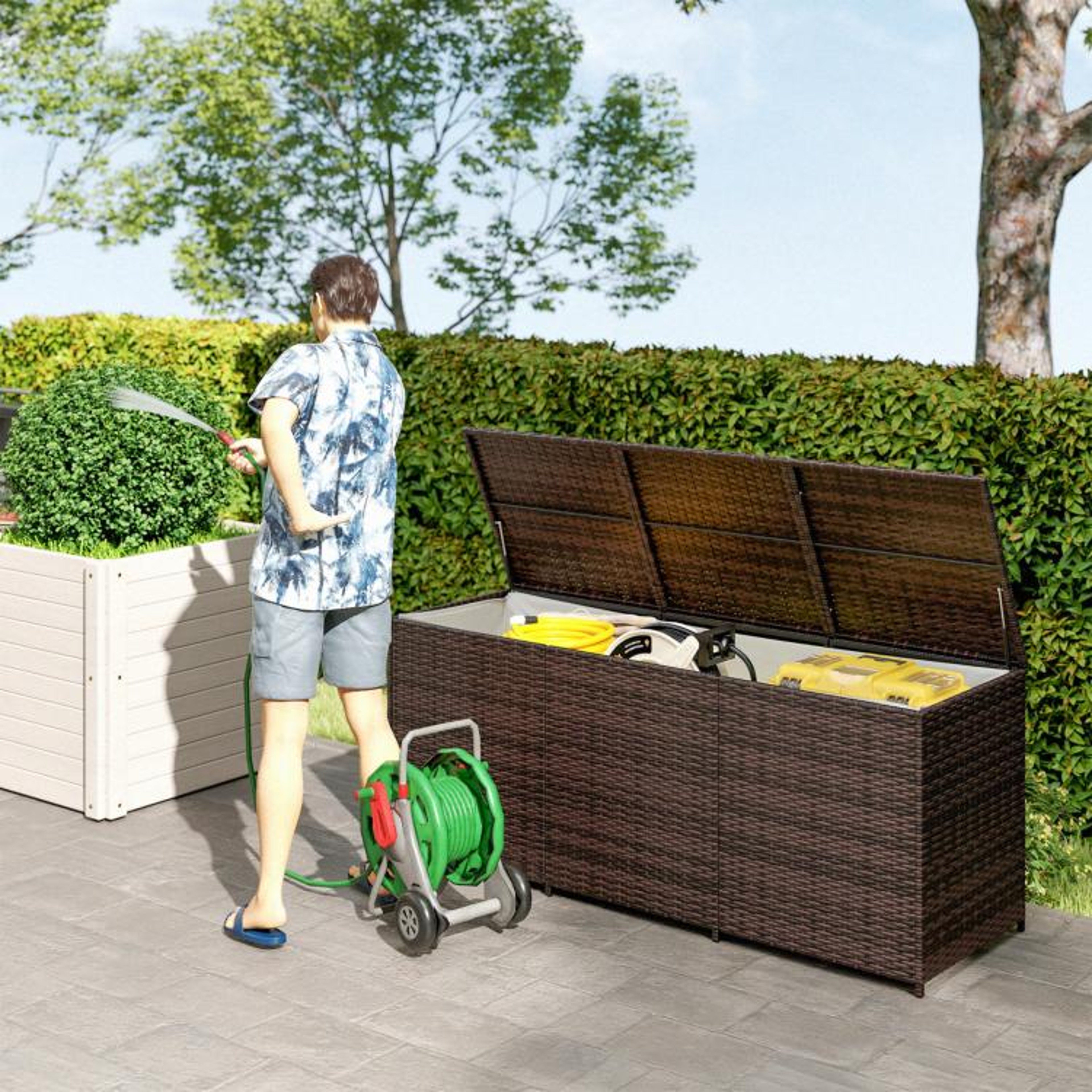 175 Gallon Outdoor Wicker Deck Storage Box With Liner And Pneumatic Lid  Mixed Brown 2