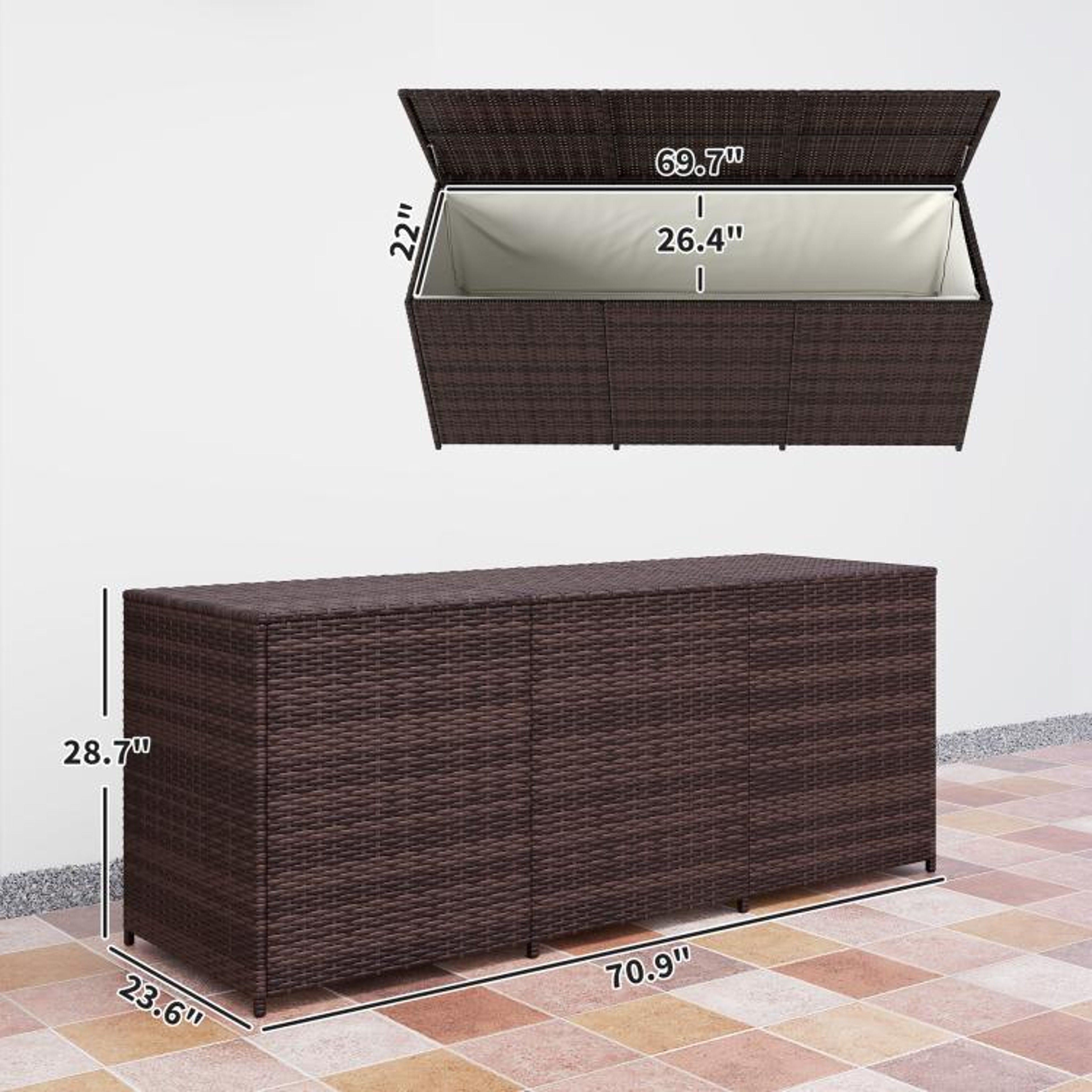 175 Gallon Outdoor Wicker Deck Storage Box With Liner And Pneumatic Lid  Mixed Brown 4