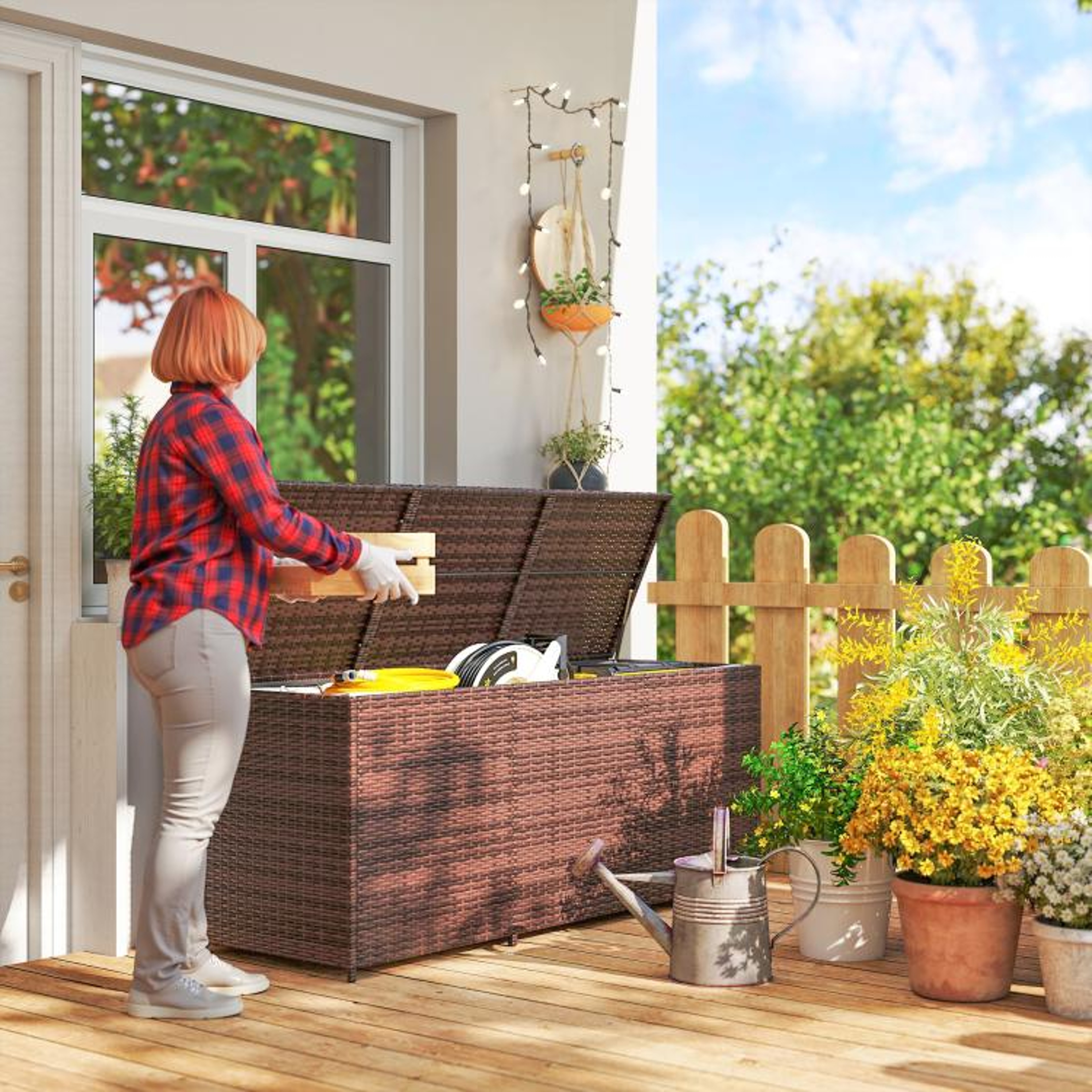 175 Gallon Outdoor Wicker Deck Storage Box With Liner And Pneumatic Lid  Mixed Brown 3