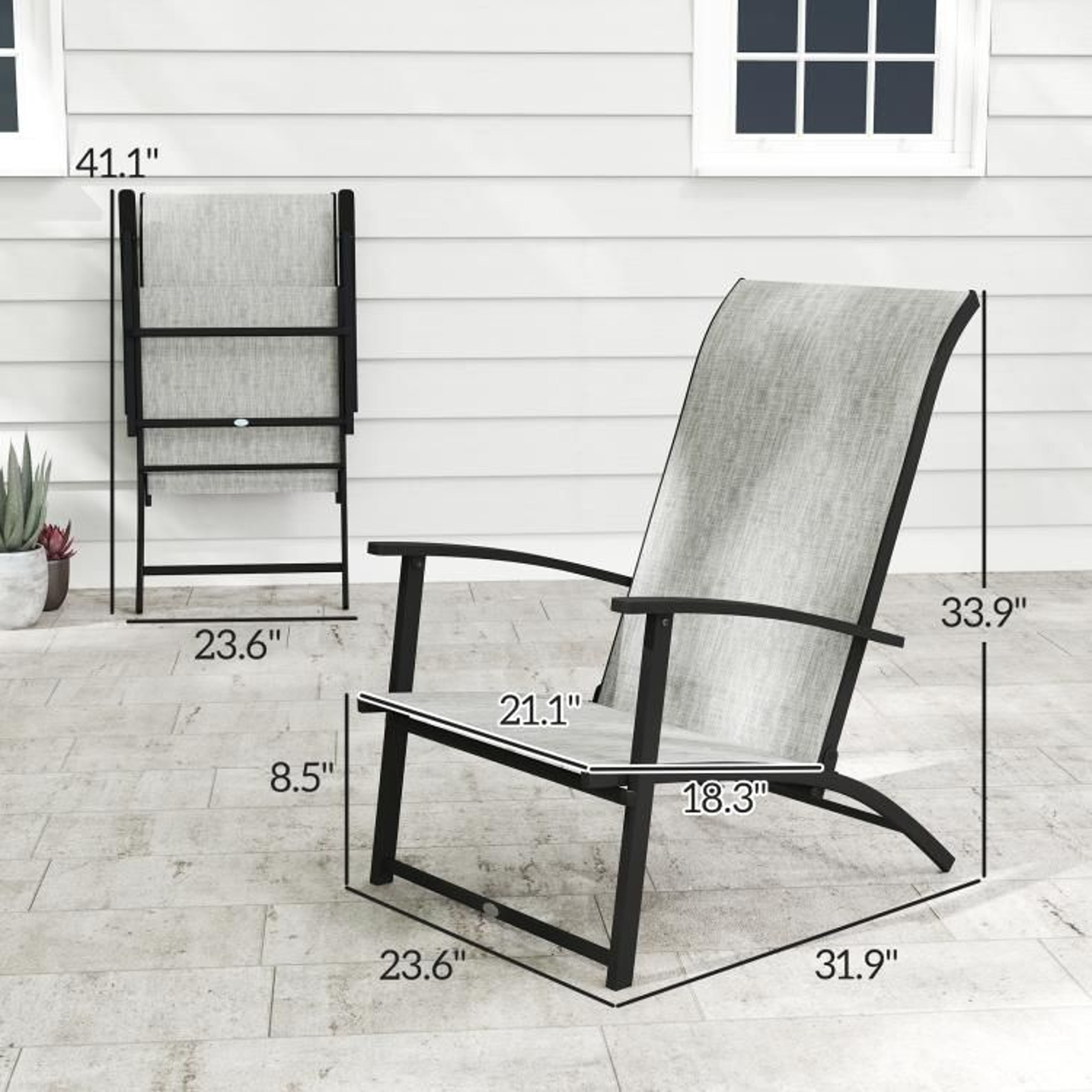 Set Of 2 Folding Patio Chairs With High Backs And Armrests  Gray 4