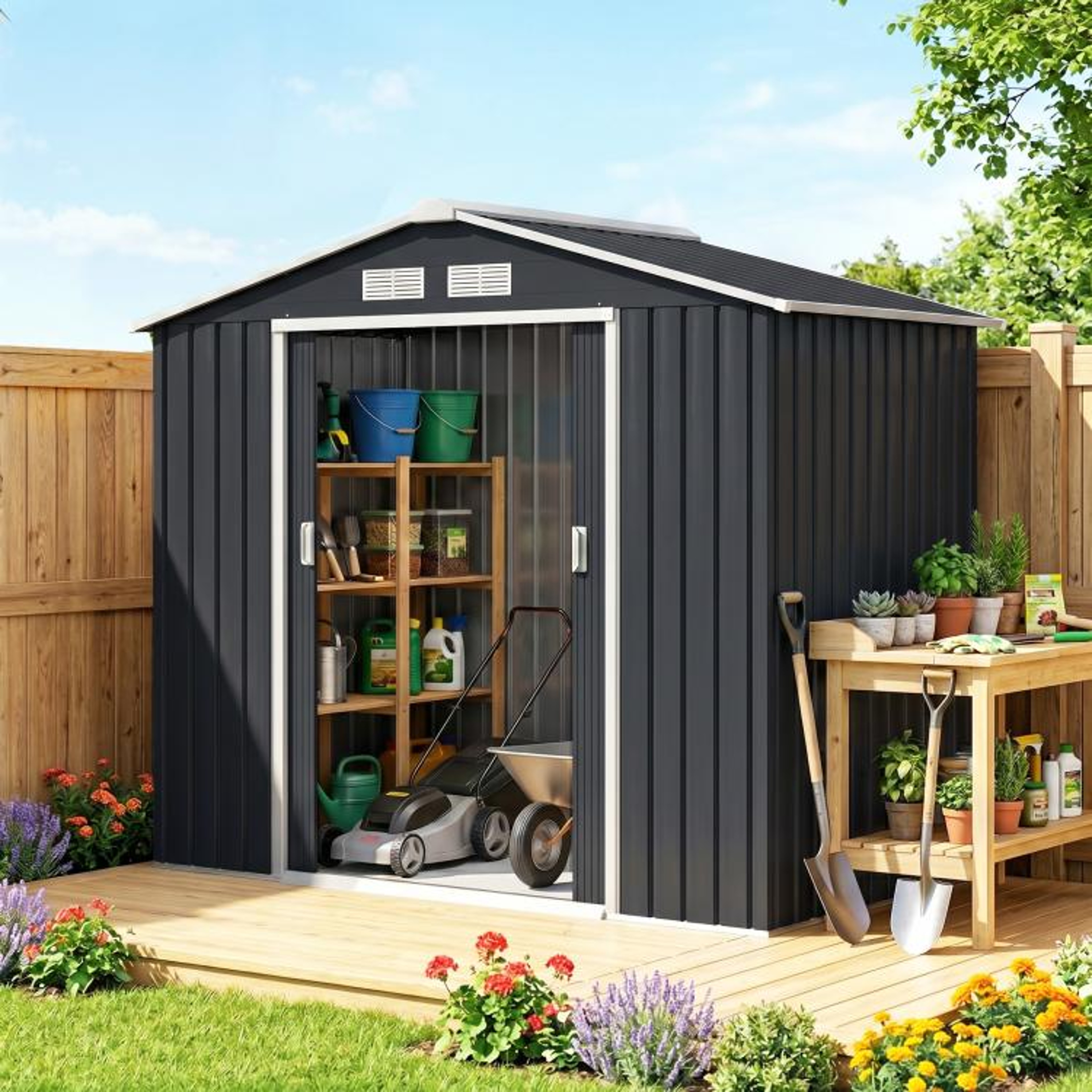 7 X 4 Ft Outdoor Metal Storage Shed With Sliding Doors And Foundation Kit 2