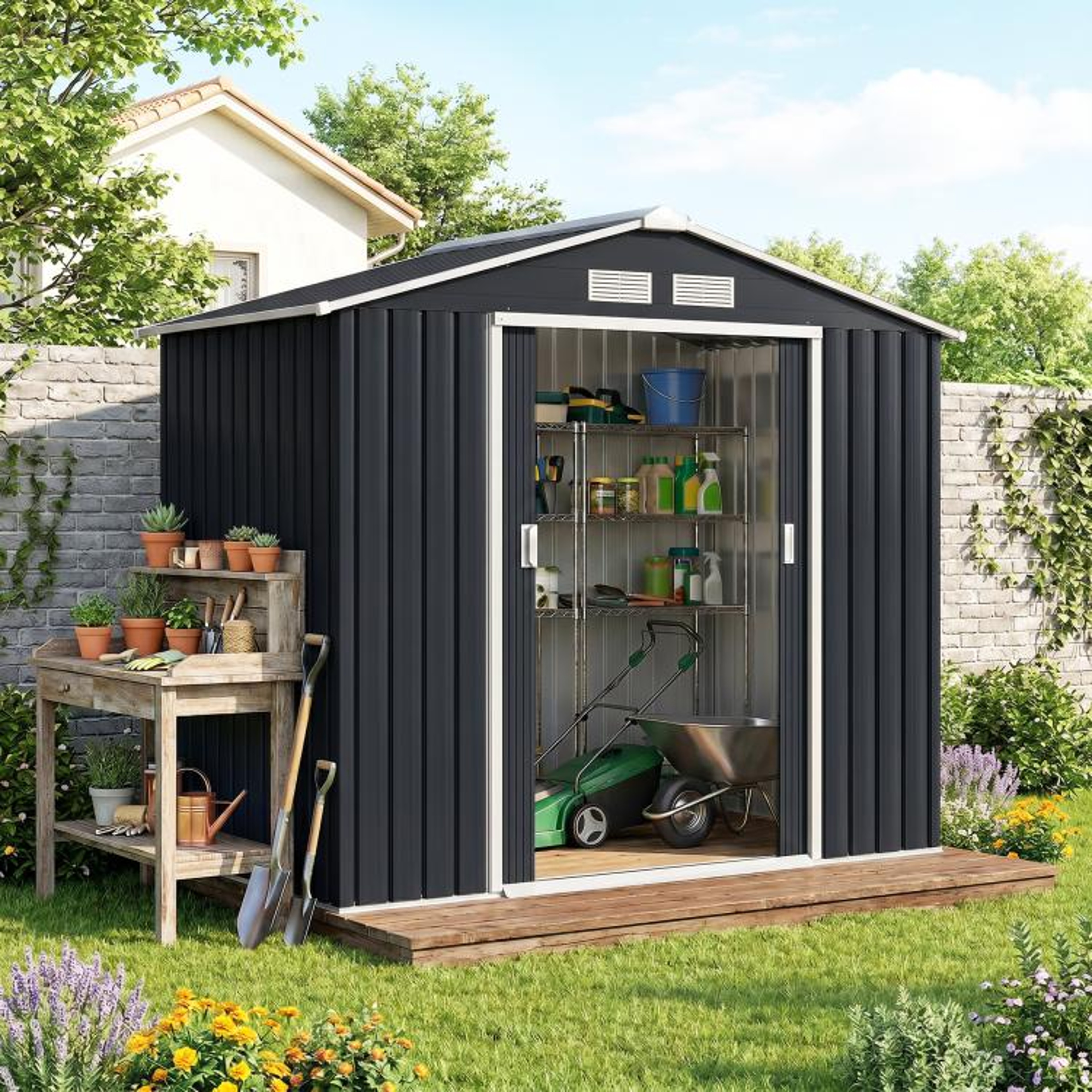 7 X 4 Ft Outdoor Metal Storage Shed With Sliding Doors And Foundation Kit 3