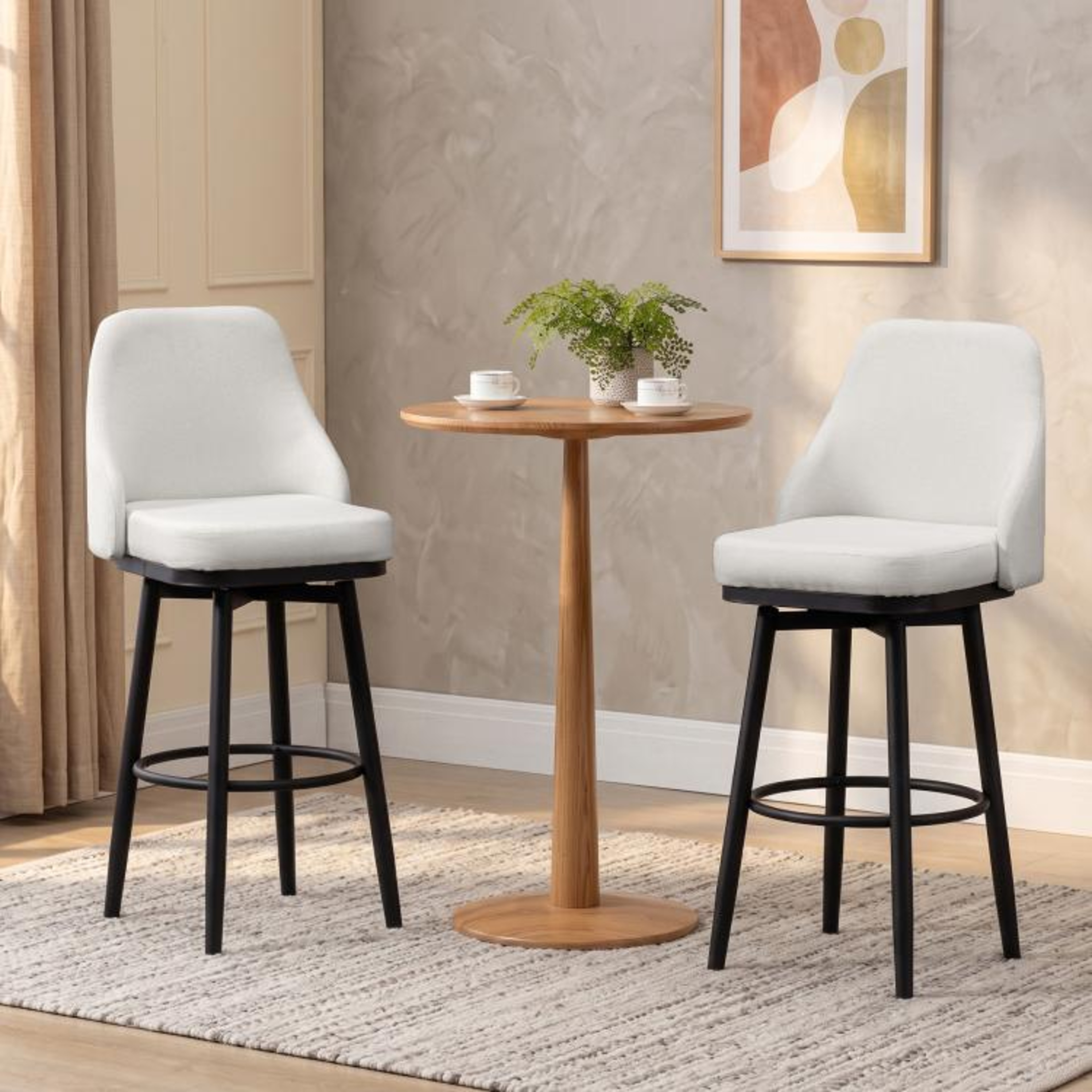 Set Of 2 Swivel Bar Height Stools With Backrests And Footrests In Cream White 0