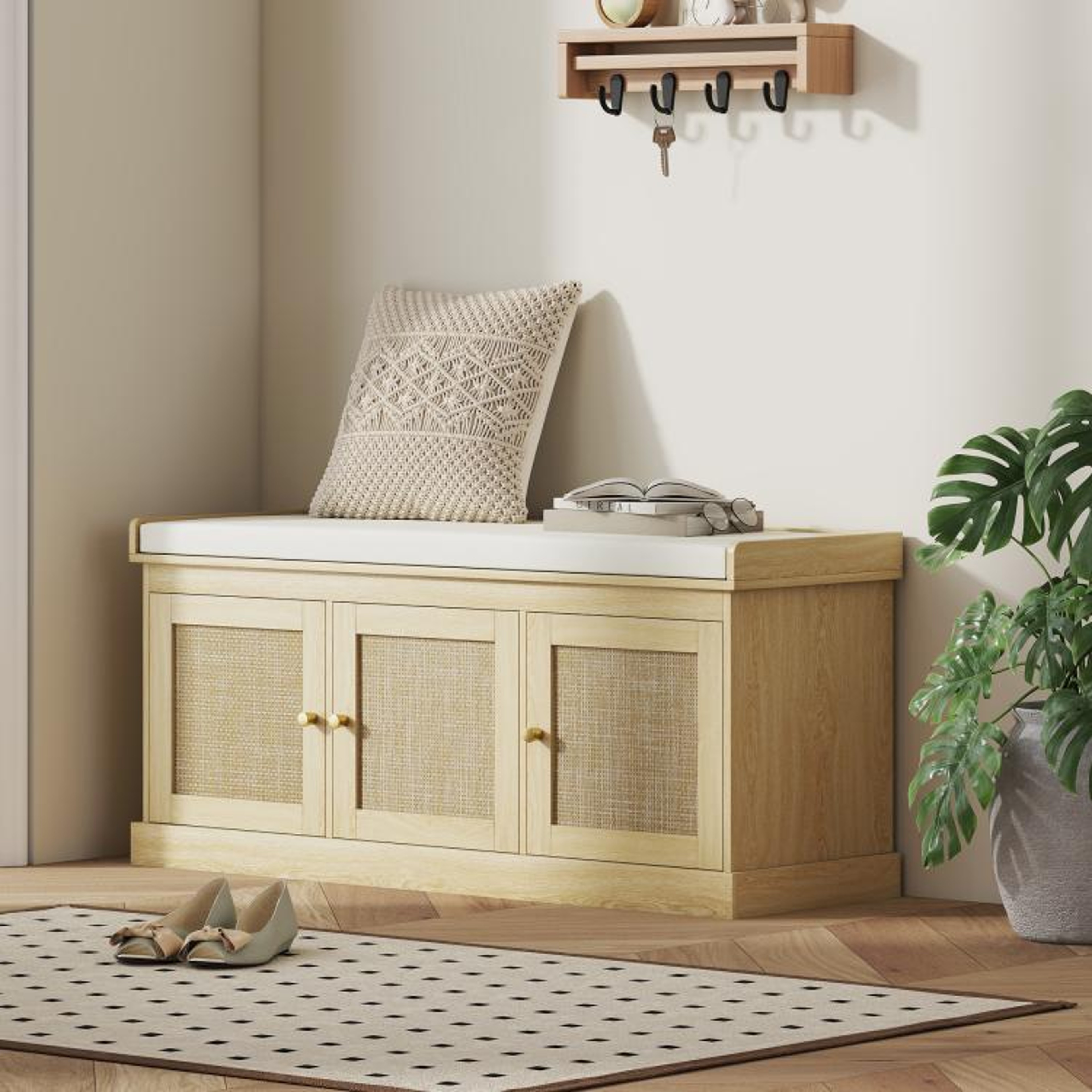 Shoe Storage Bench With Woven Rattan Doors And Cushioned Seat  Oak Tone 2