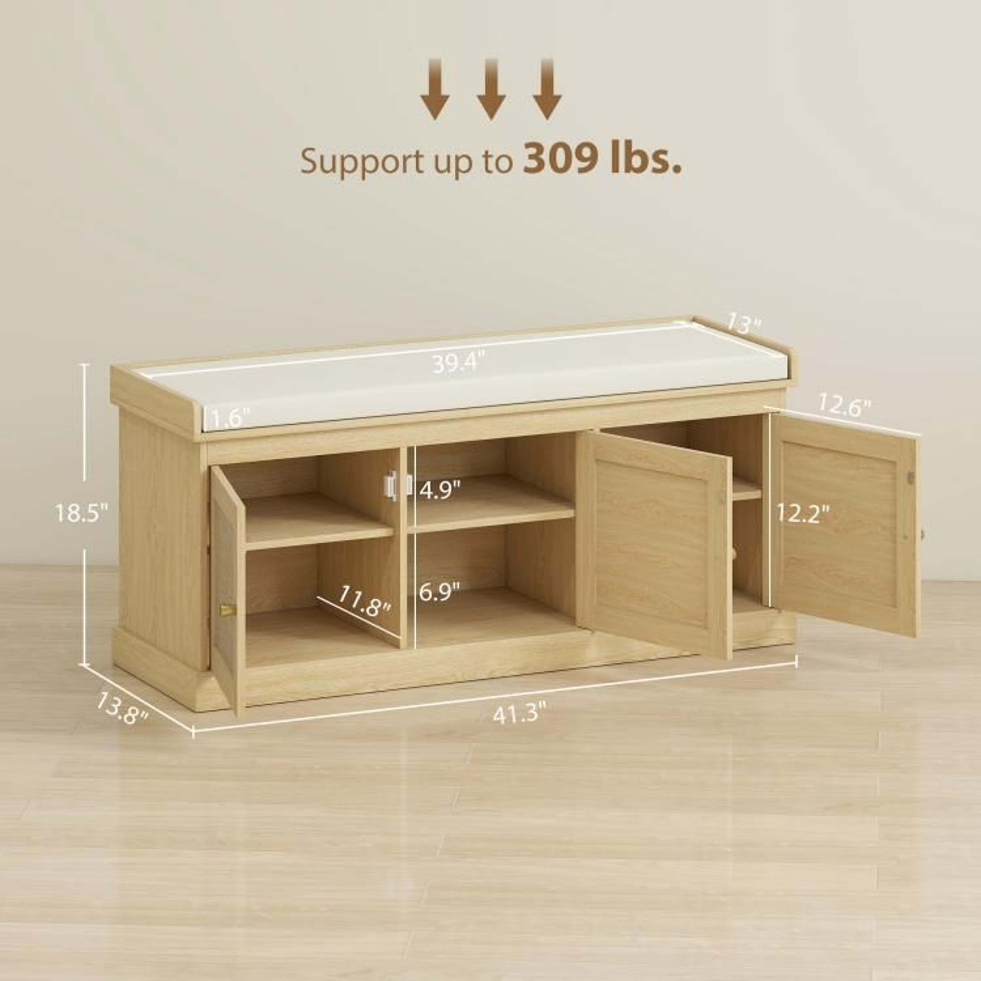 Shoe Storage Bench With Woven Rattan Doors And Cushioned Seat  Oak Tone 5